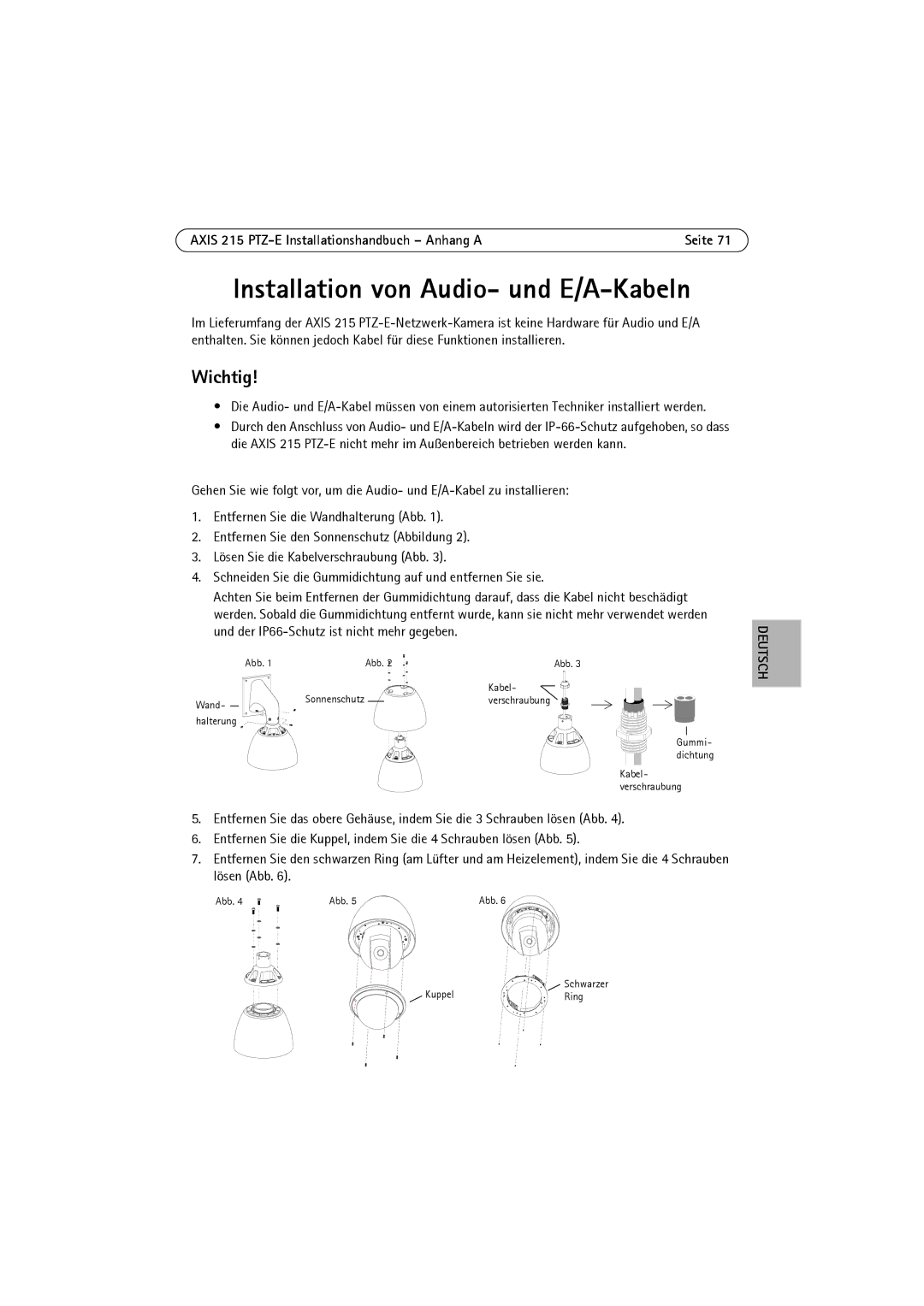 Axis Communications manual Wichtig, Axis 215 PTZ-E Installationshandbuch Anhang a 