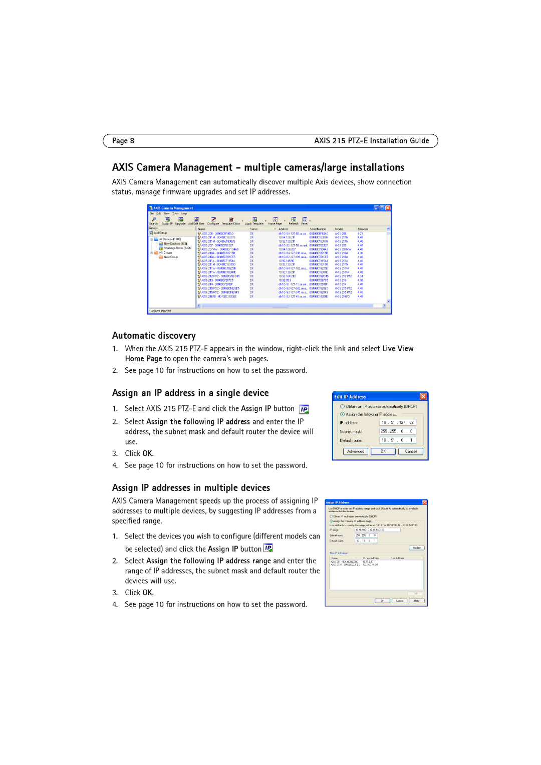 Axis Communications 215 PTZ-E manual Axis Camera Management multiple cameras/large installations 