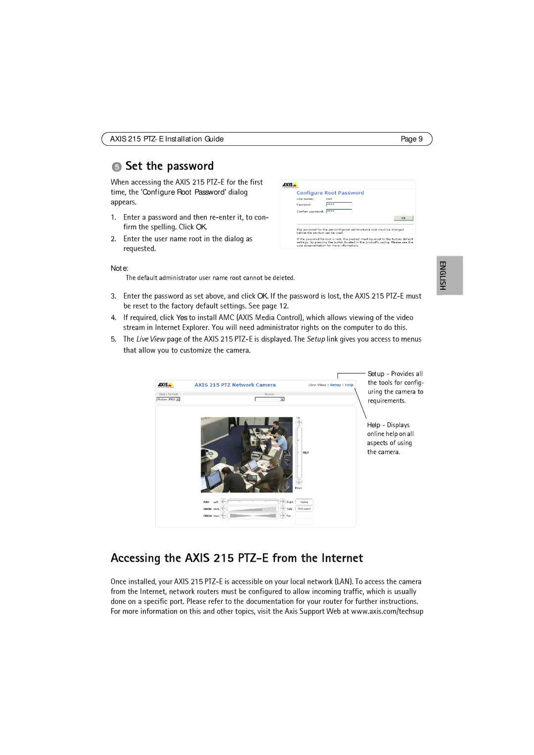 Axis Communications manual Set the password, Accessing the Axis 215 PTZ-E from the Internet 