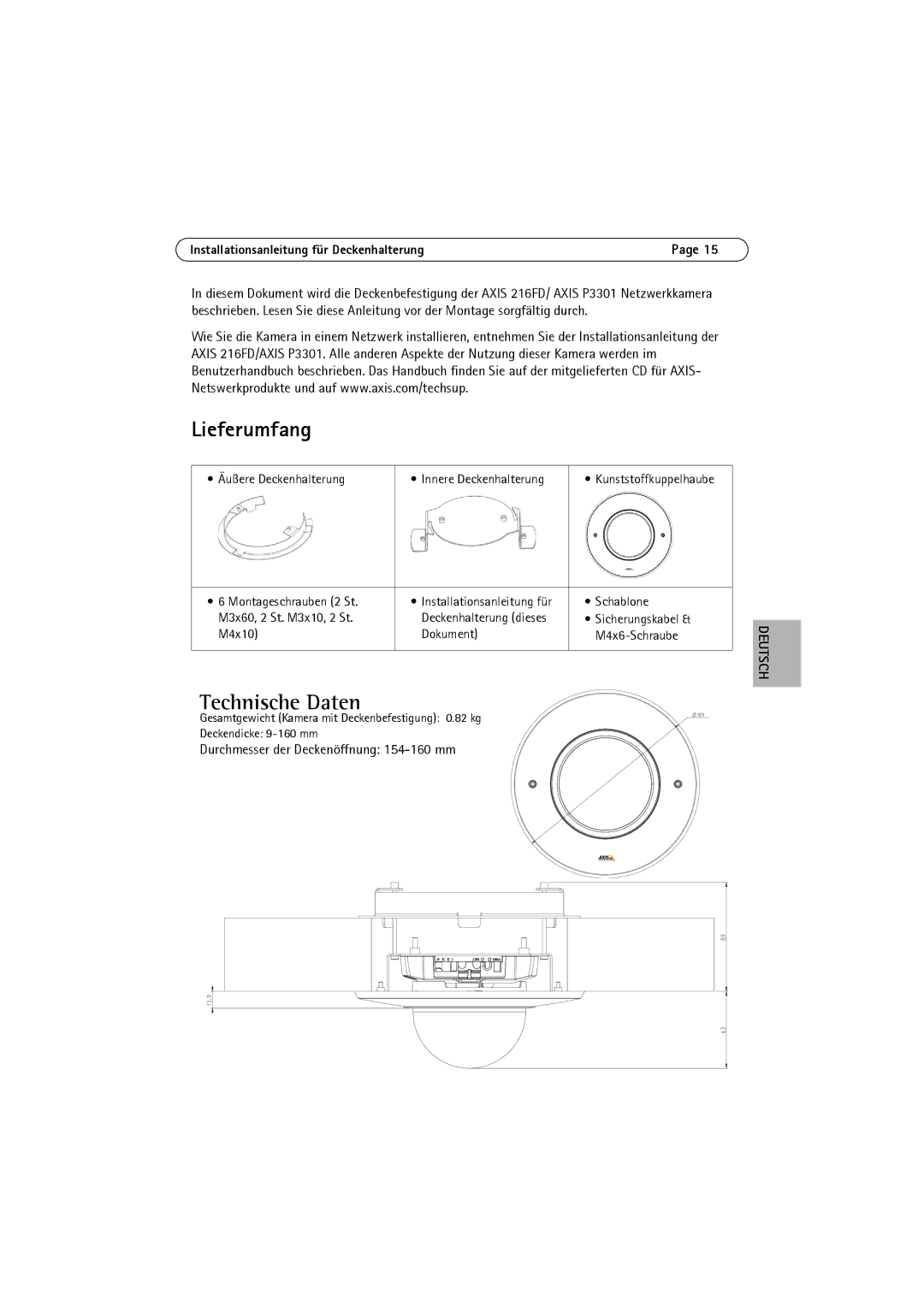 Axis Communications P3301, 216FD manual Lieferumfang, Technische Daten, Durchmesser der Deckenöffnung 154-160 mm 