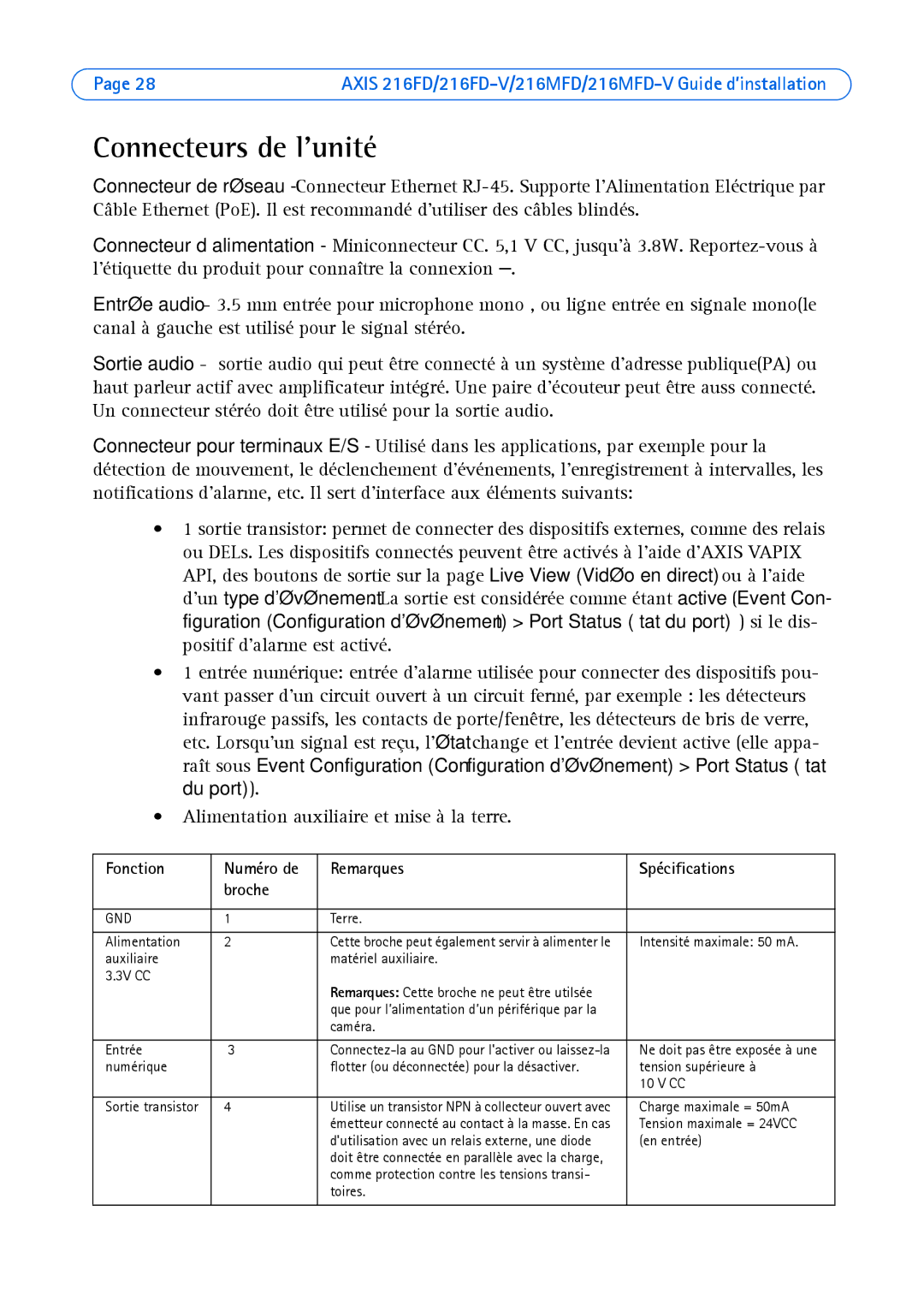 Axis Communications 216MFD-V, 216FD-V manual Connecteurs de lunité, Fonction, Remarques Spécifications Broche 