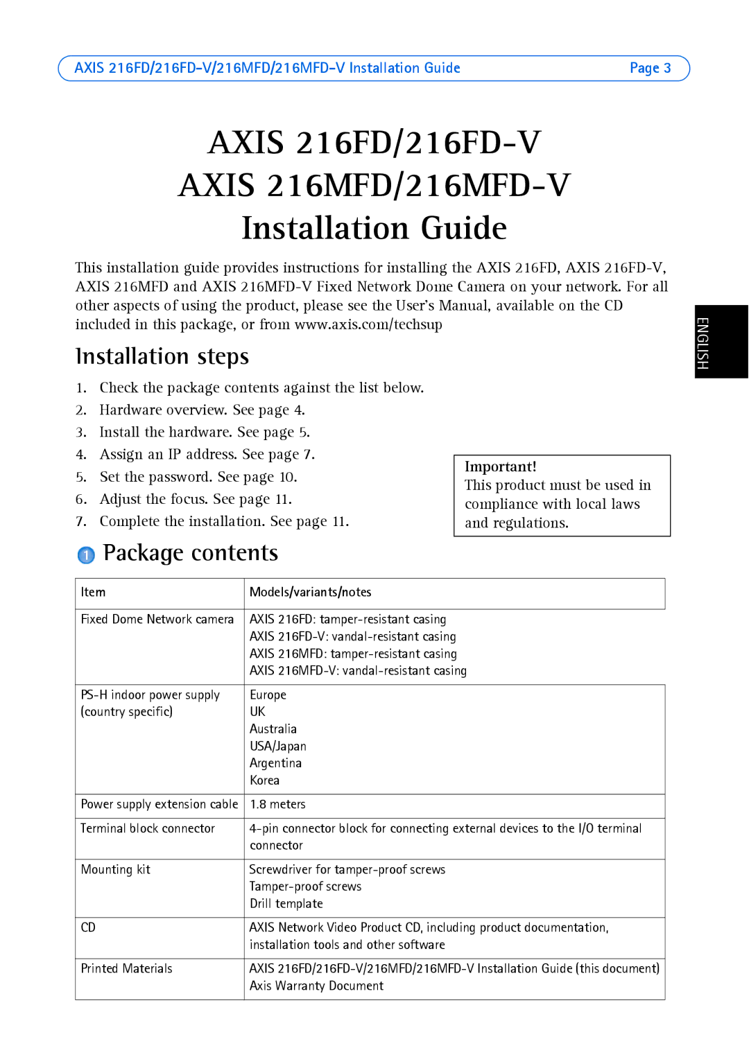 Axis Communications 216FD-V, 216MFD-V manual Installation steps, Package contents 