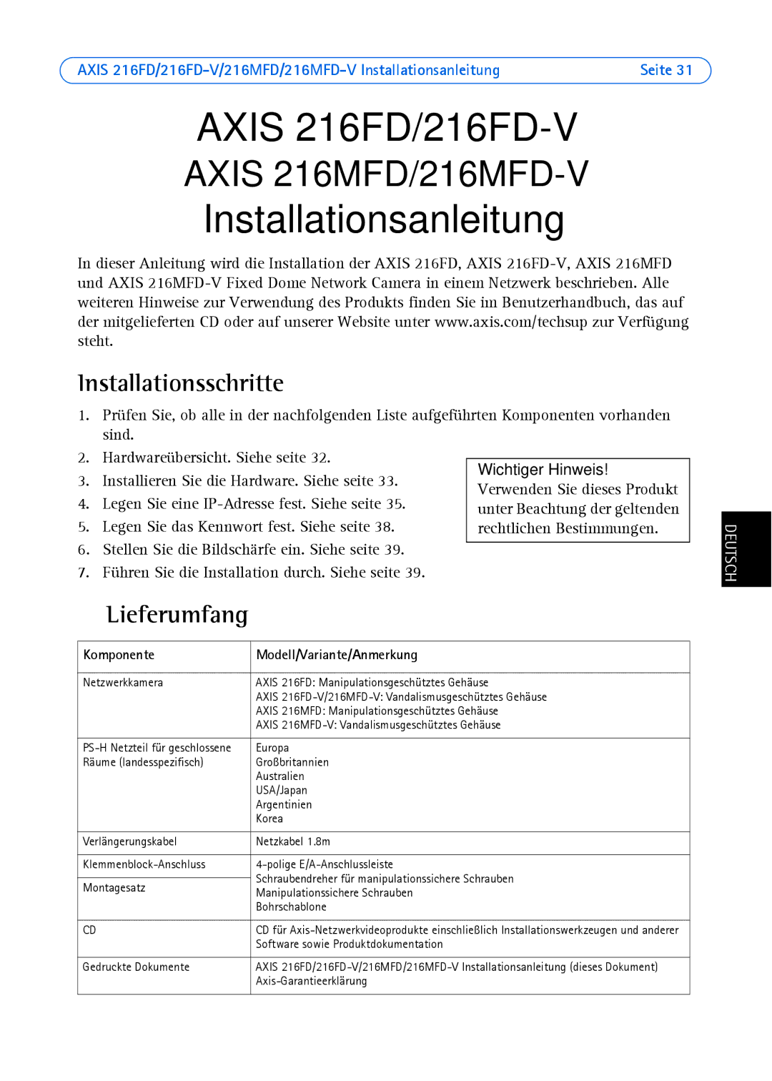 Axis Communications 216MFD-V, 216FD-V manual Installationsschritte, Lieferumfang, Komponente Modell/Variante/Anmerkung 