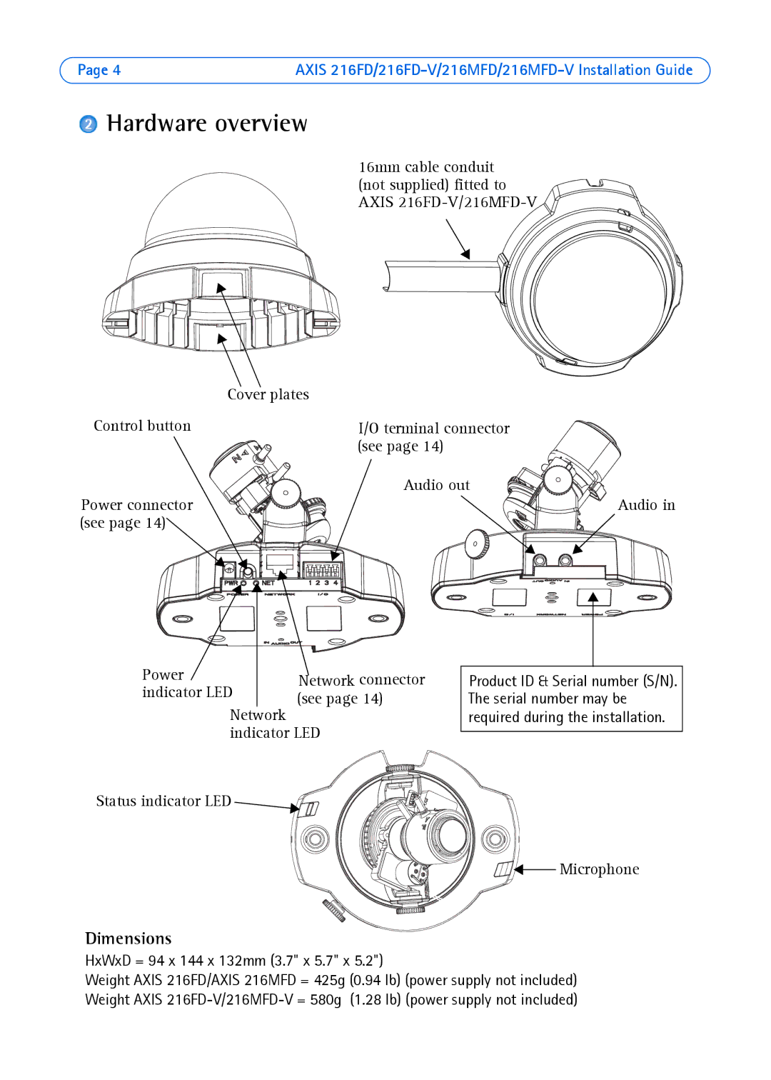 Axis Communications 216MFD-V, 216FD-V Hardware overview, Dimensions, Indicator LED See, Status indicator LED Microphone 