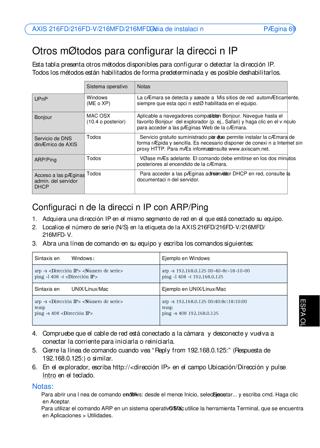 Axis Communications 216FD-V Otros métodos para configurar la dirección IP, Configuración de la dirección IP con ARP/Ping 