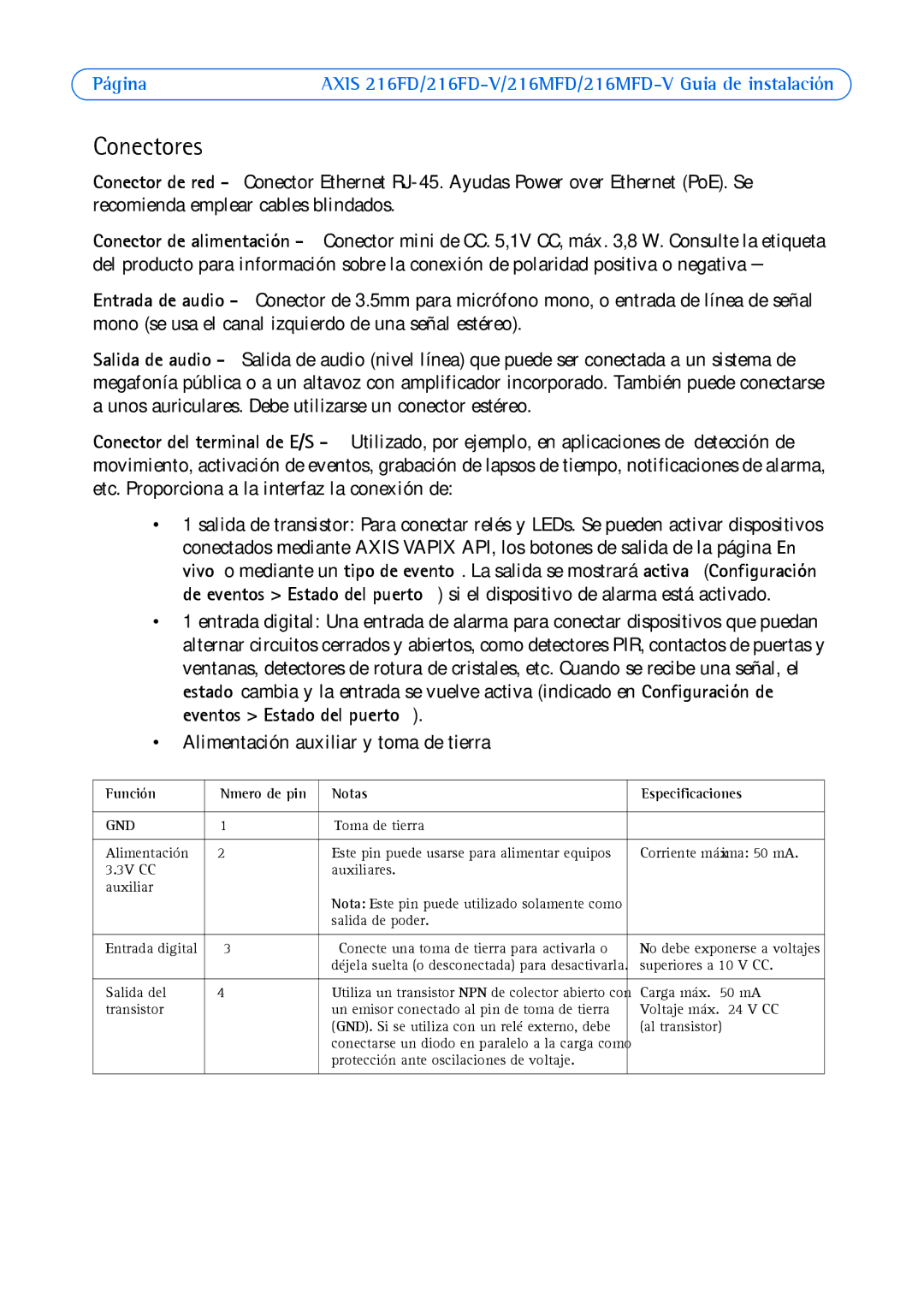 Axis Communications 216MFD-V, 216FD-V manual Conectores, Notas Especificaciones 