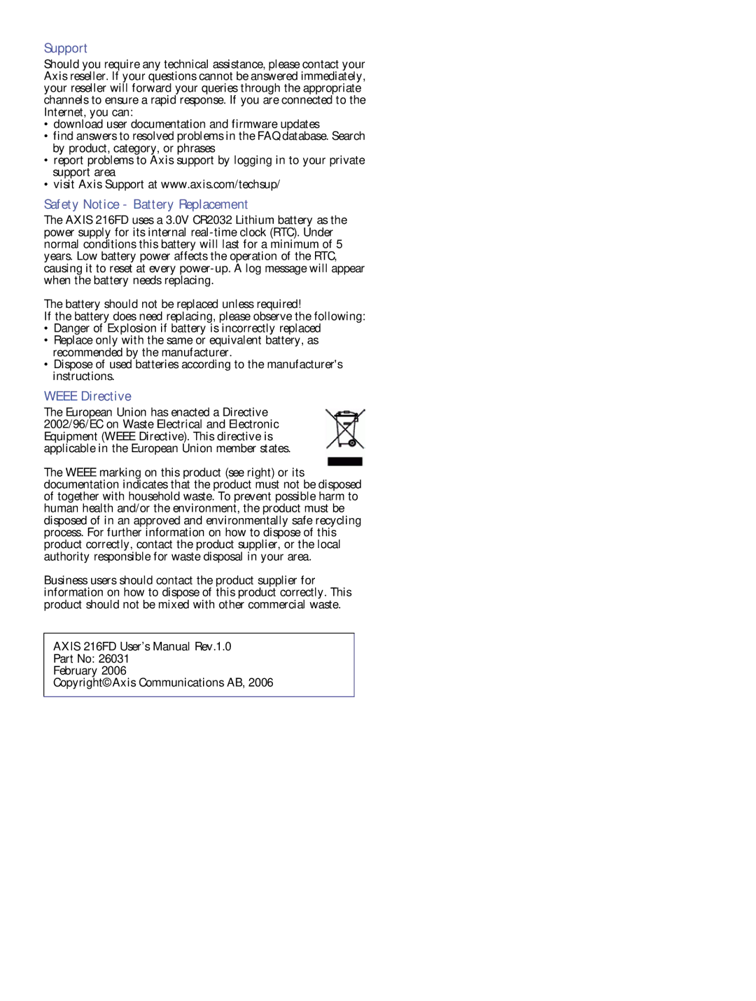 Axis Communications 216FD user manual Support 