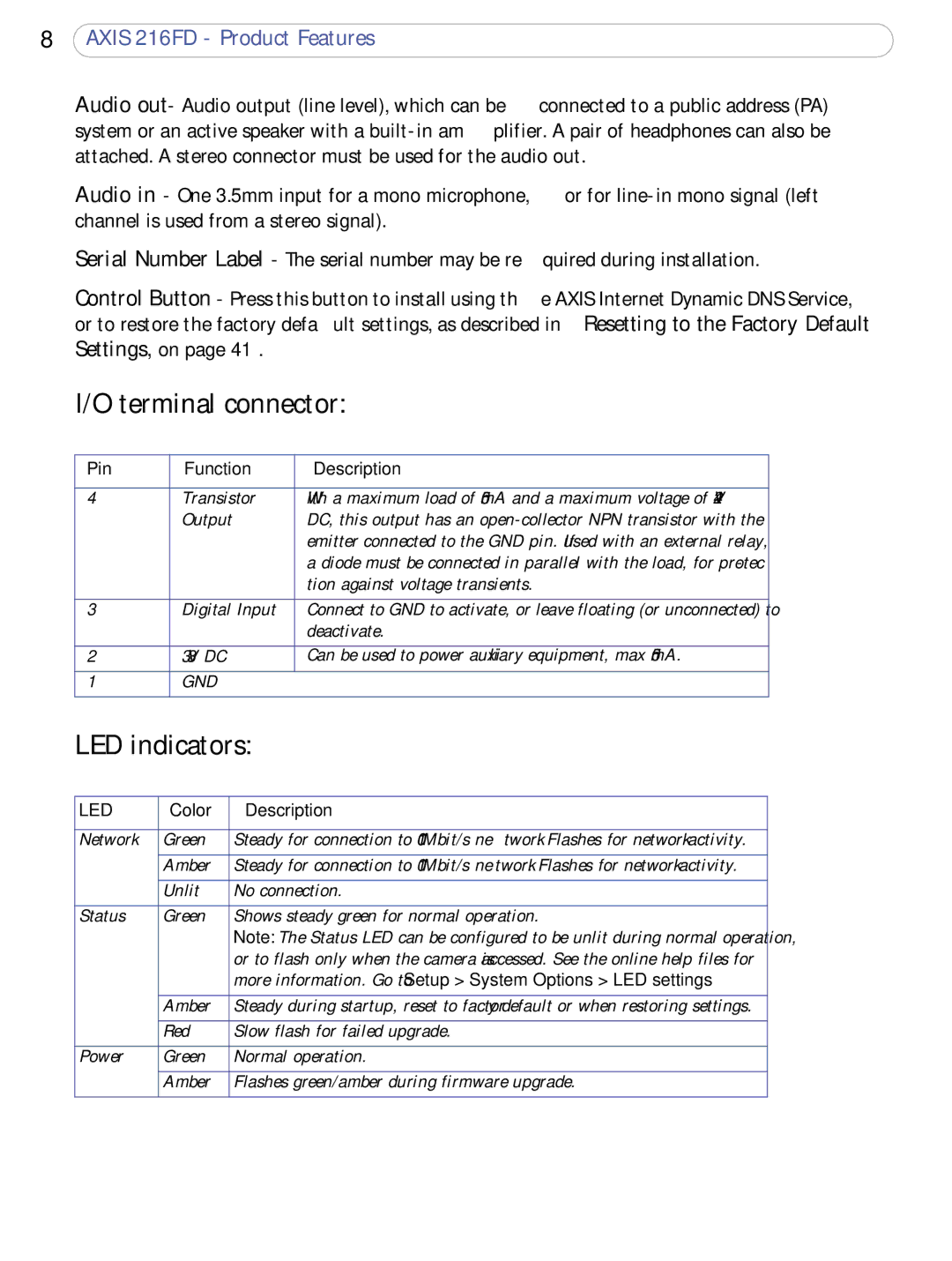 Axis Communications 216FD user manual Terminal connector, LED indicators, With a maximum load of 50mA and a maximum voltage 