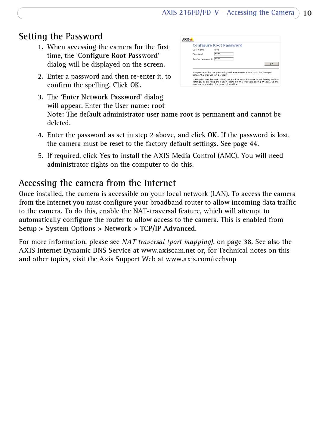 Axis Communications 216FD/FD-V user manual Setting the Password, Accessing the camera from the Internet 