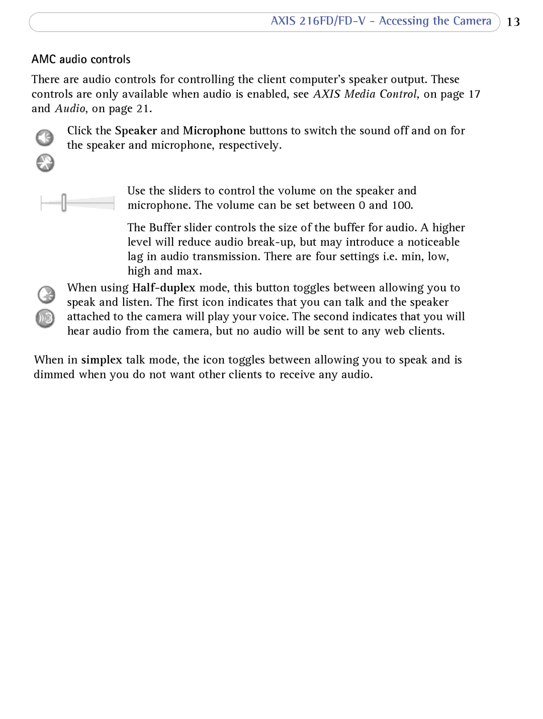 Axis Communications 216FD/FD-V user manual AMC audio controls 