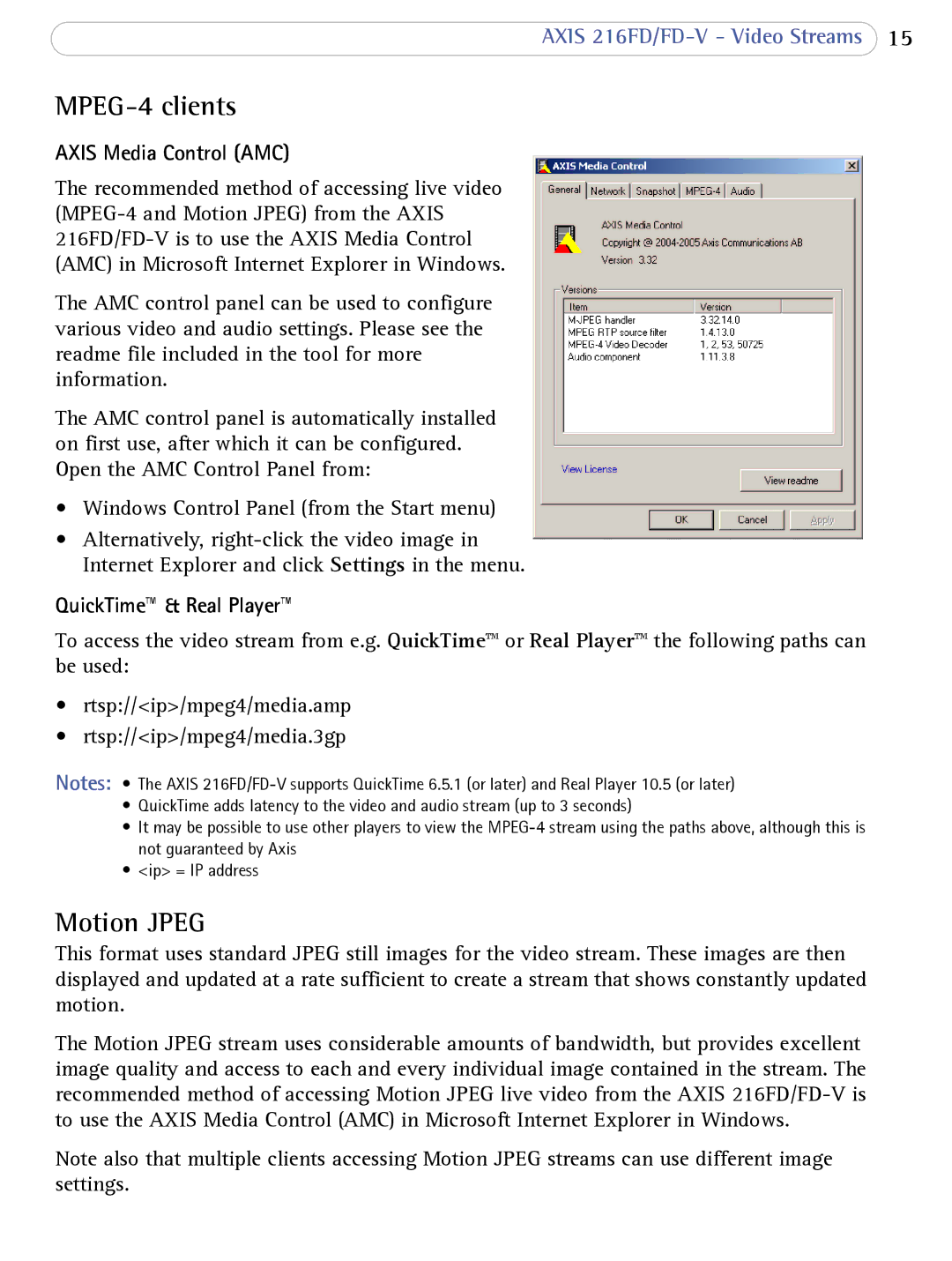 Axis Communications 216FD/FD-V user manual MPEG-4 clients, Motion Jpeg, Axis Media Control AMC, QuickTime & Real Player 