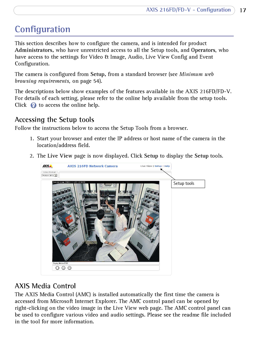 Axis Communications 216FD/FD-V user manual Configuration, Accessing the Setup tools, Axis Media Control 