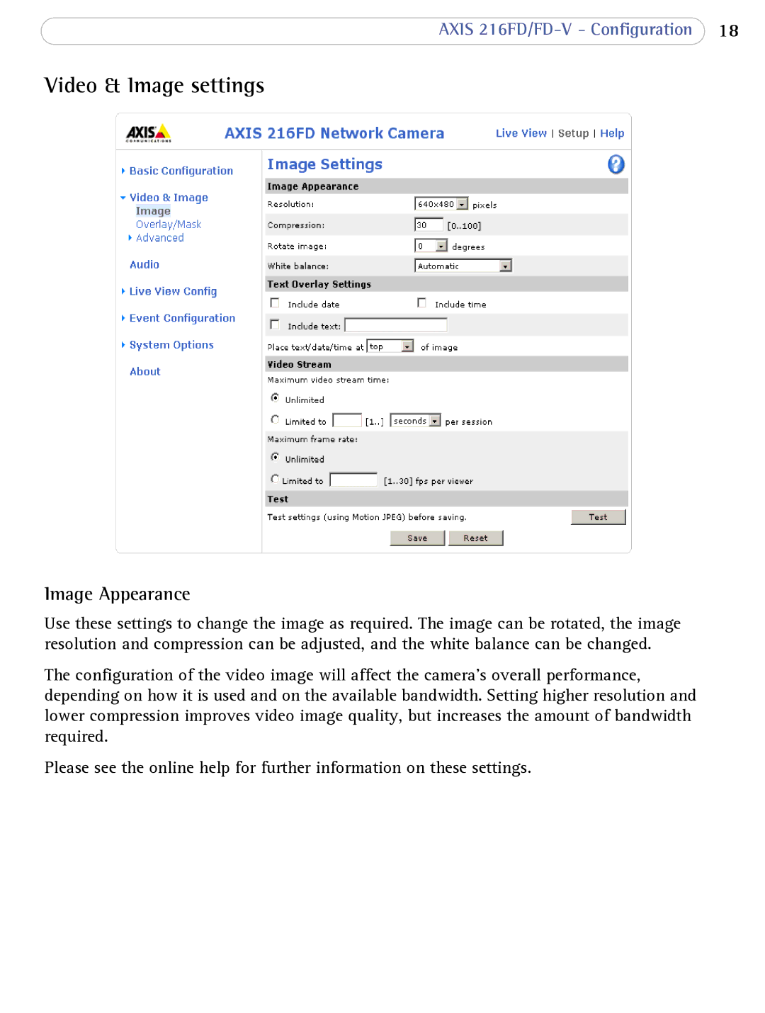 Axis Communications 216FD/FD-V user manual Video & Image settings, Image Appearance 