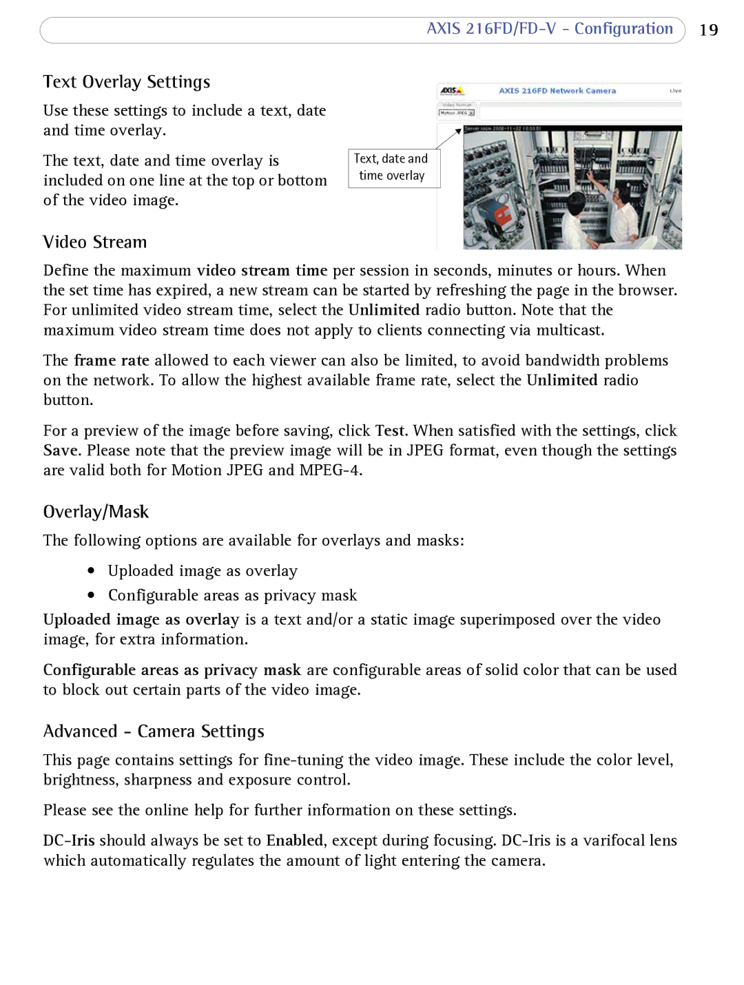 Axis Communications 216FD/FD-V user manual Text Overlay Settings, Video Stream, Overlay/Mask, Advanced Camera Settings 