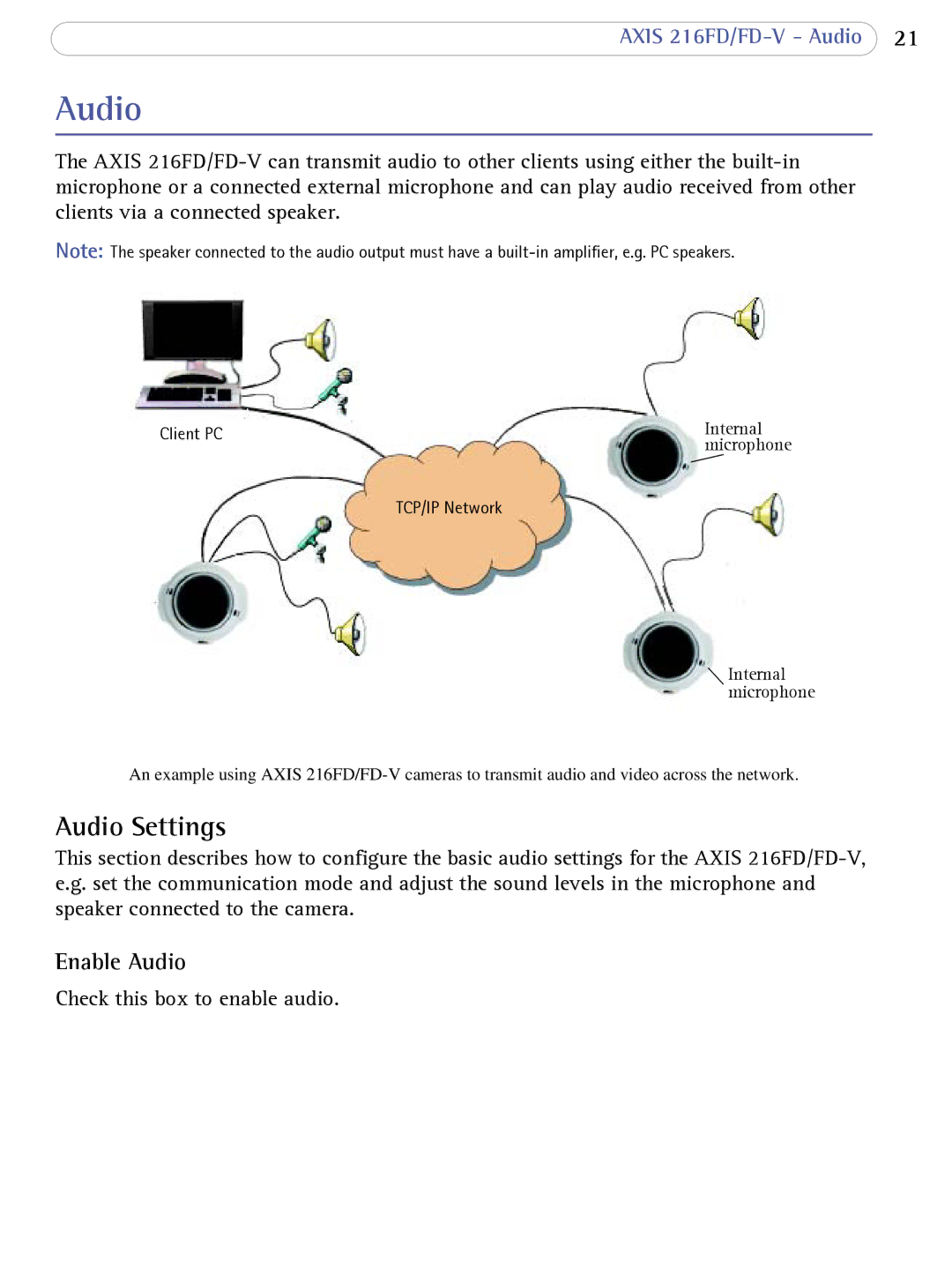 Axis Communications 216FD/FD-V user manual Audio Settings, Enable Audio 