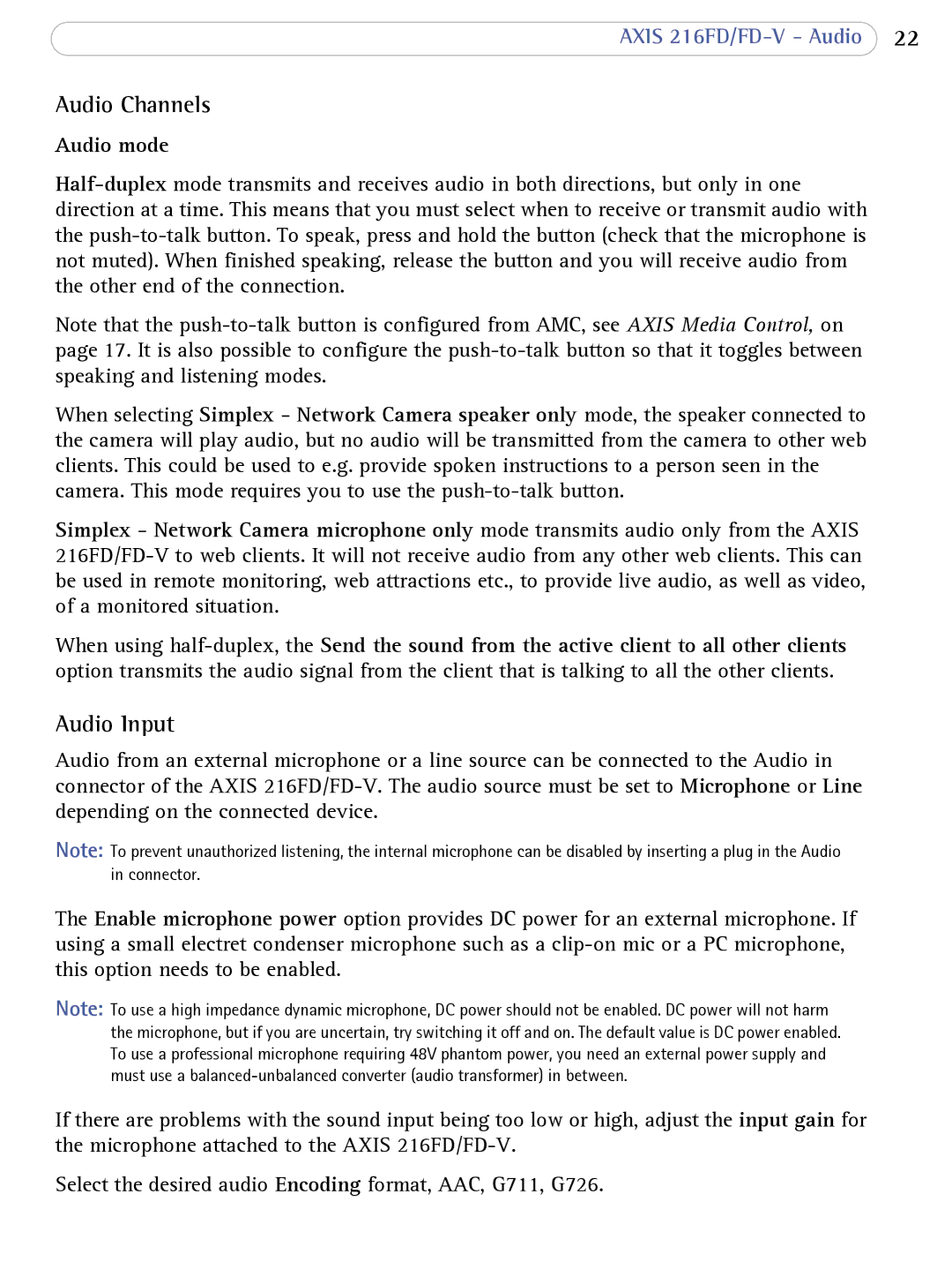 Axis Communications 216FD/FD-V user manual Audio Channels, Audio Input, Audio mode 