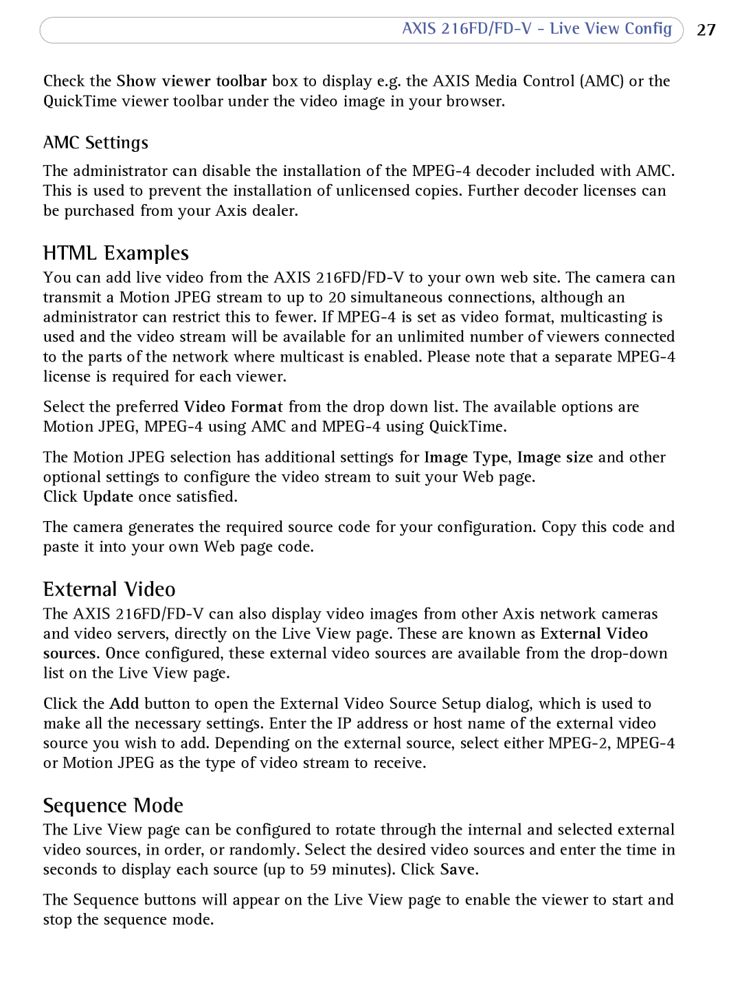 Axis Communications 216FD/FD-V user manual Html Examples, External Video, Sequence Mode, AMC Settings 