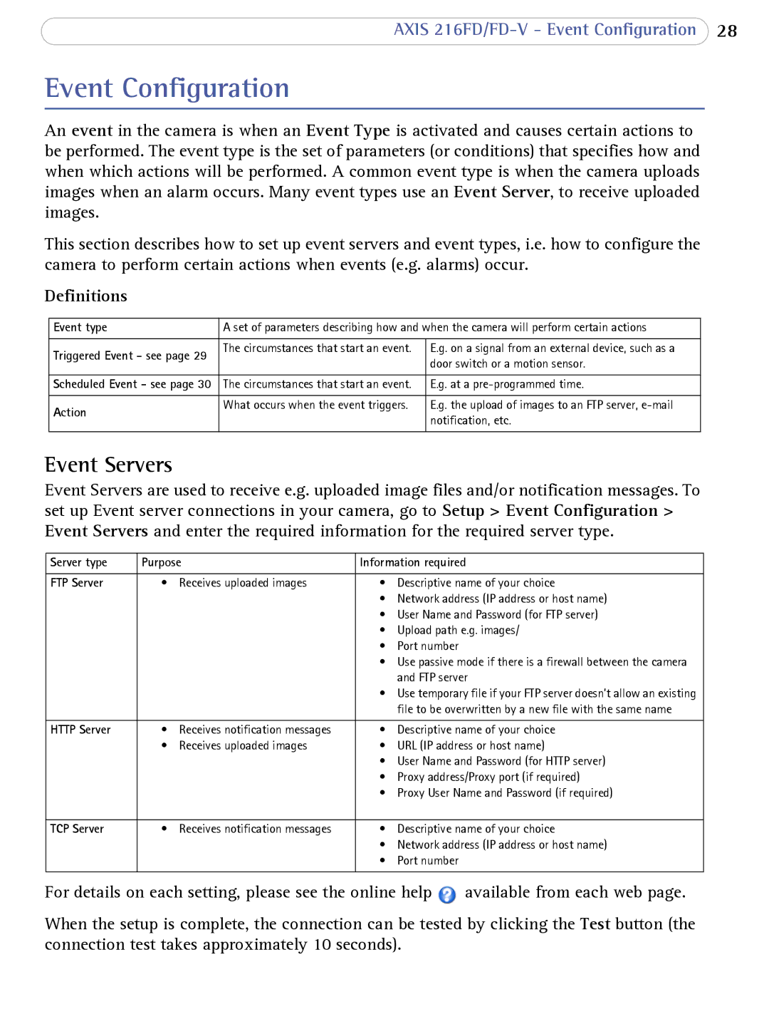 Axis Communications 216FD/FD-V user manual Event Configuration, Event Servers, Definitions 