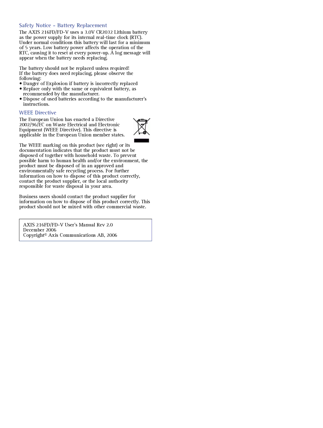 Axis Communications 216FD/FD-V user manual Safety Notice Battery Replacement 