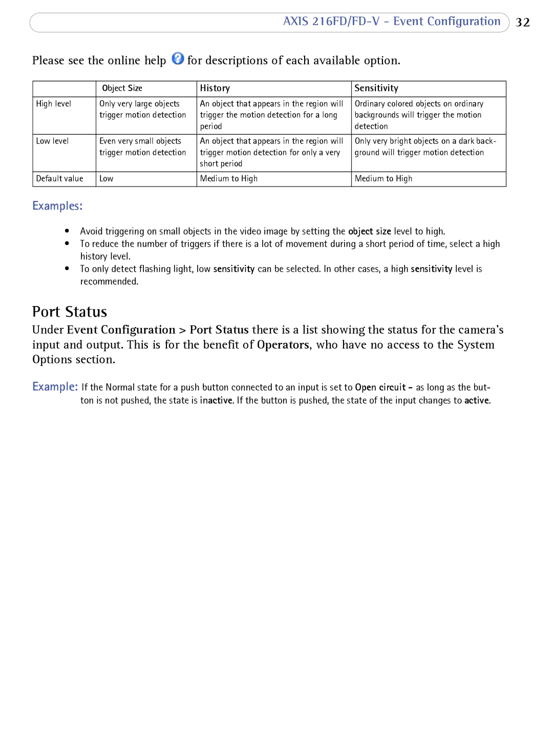 Axis Communications 216FD/FD-V user manual Port Status, Object Size 