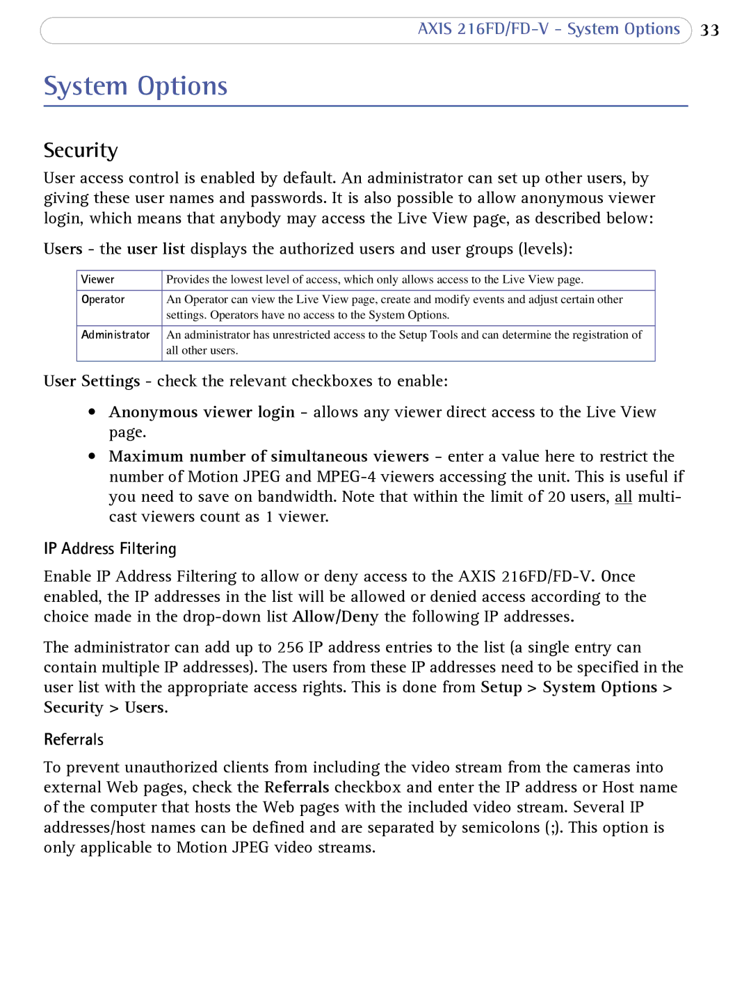 Axis Communications 216FD/FD-V user manual System Options, Security, IP Address Filtering, Referrals, Operator 