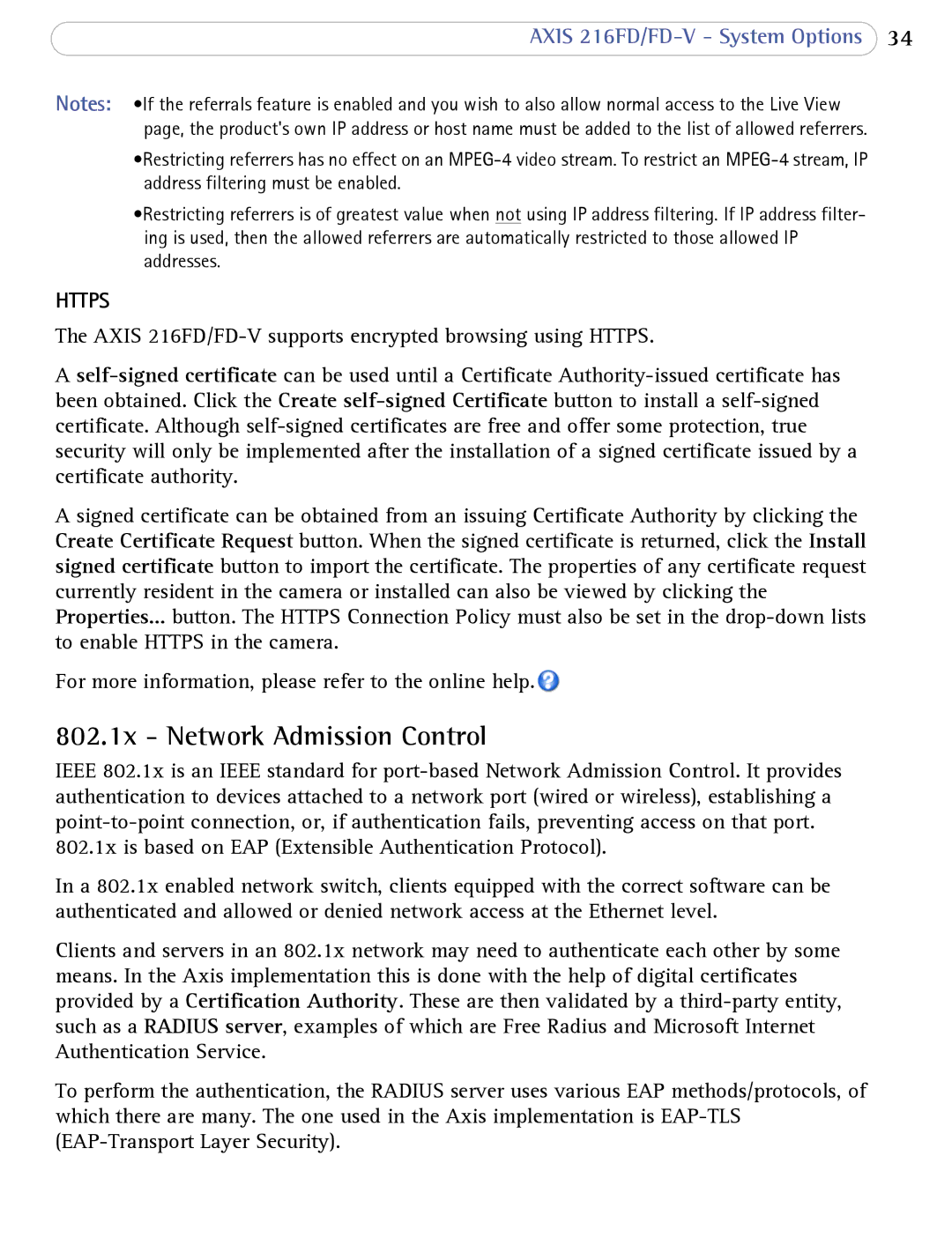 Axis Communications 216FD/FD-V user manual 802.1x Network Admission Control, Https 