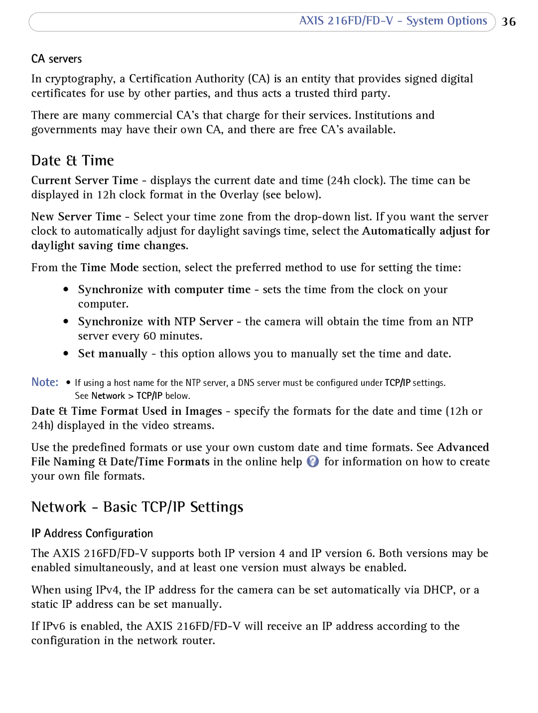 Axis Communications 216FD/FD-V user manual Date & Time, Network Basic TCP/IP Settings, CA servers, IP Address Configuration 