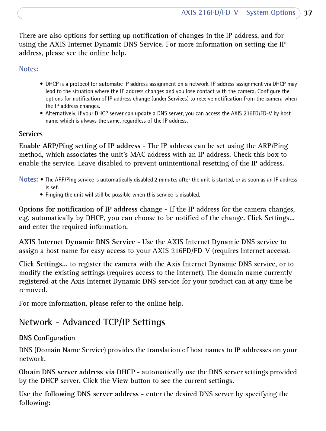 Axis Communications 216FD/FD-V user manual Network Advanced TCP/IP Settings, Services, DNS Configuration 