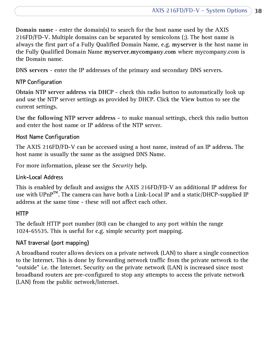 Axis Communications 216FD/FD-V NTP Configuration, Host Name Configuration, Link-Local Address, NAT traversal port mapping 