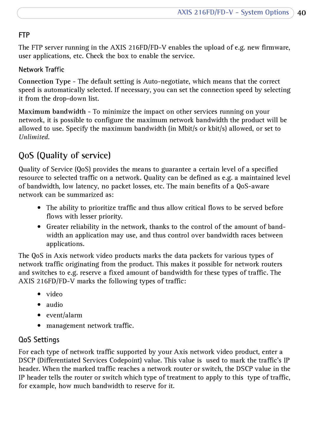 Axis Communications 216FD/FD-V user manual QoS Quality of service, QoS Settings, Network Traffic 