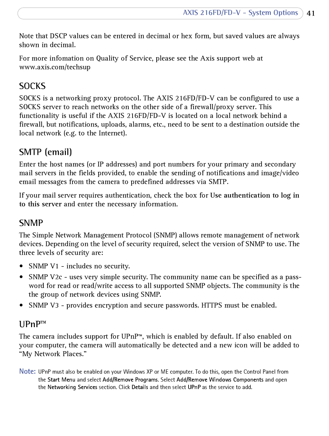 Axis Communications 216FD/FD-V user manual Smtp email, UPnP 