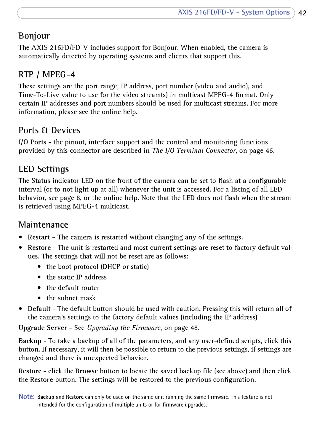 Axis Communications 216FD/FD-V user manual Bonjour, Ports & Devices, LED Settings, Maintenance 