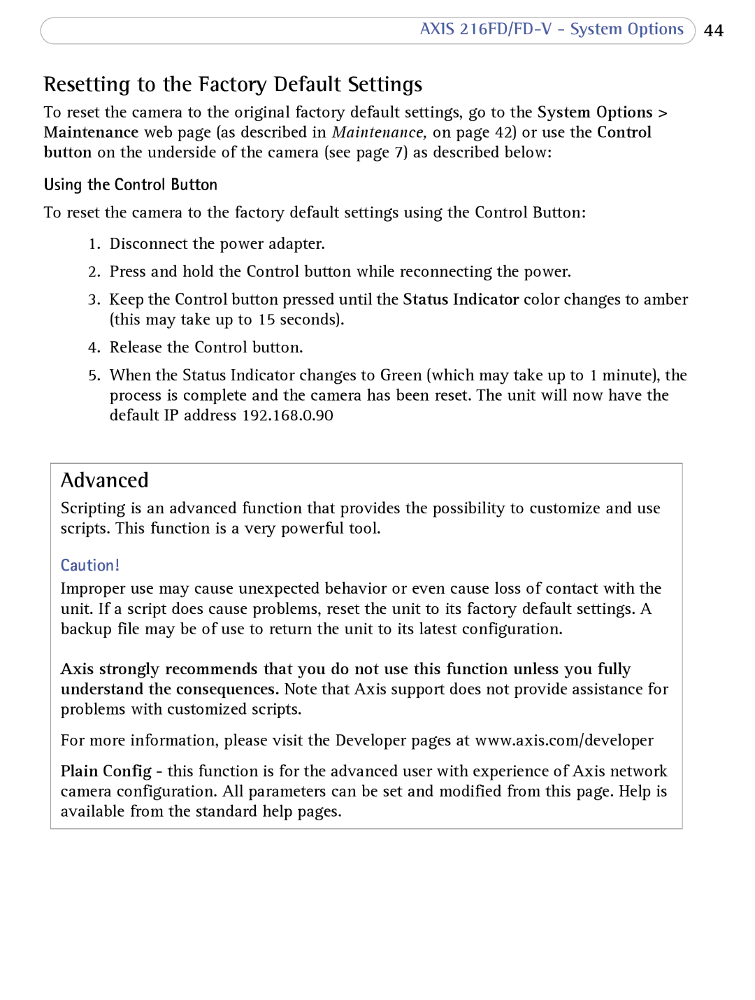 Axis Communications 216FD/FD-V user manual Resetting to the Factory Default Settings, Advanced, Using the Control Button 