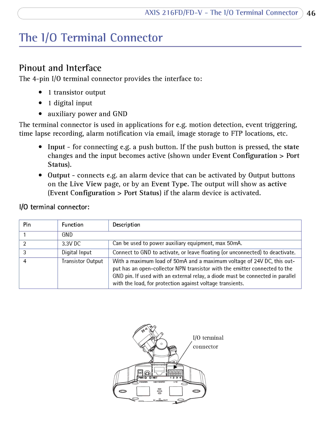 Axis Communications 216FD/FD-V user manual I/O Terminal Connector, Pinout and Interface, Terminal connector 