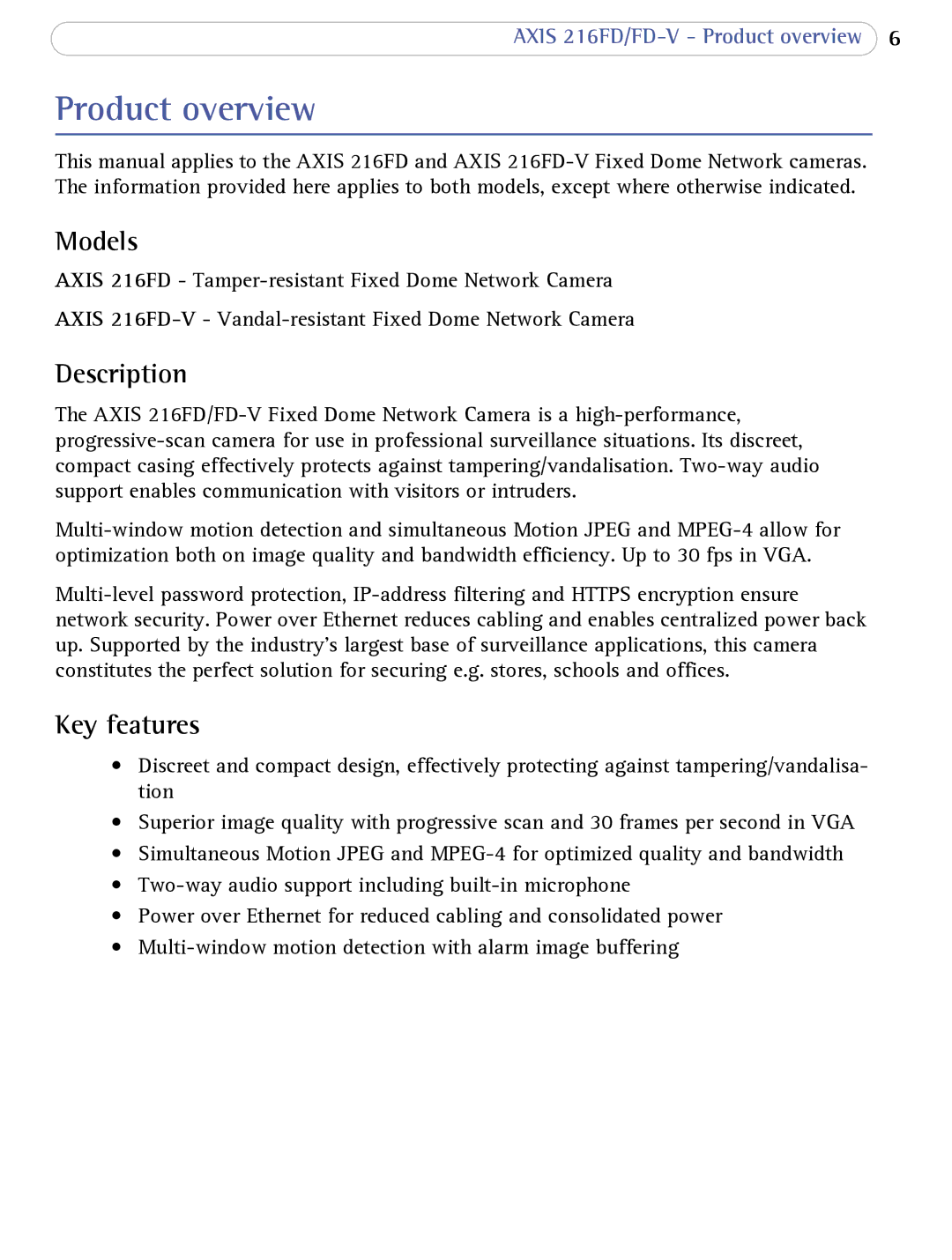 Axis Communications 216FD/FD-V user manual Product overview, Models, Description, Key features 