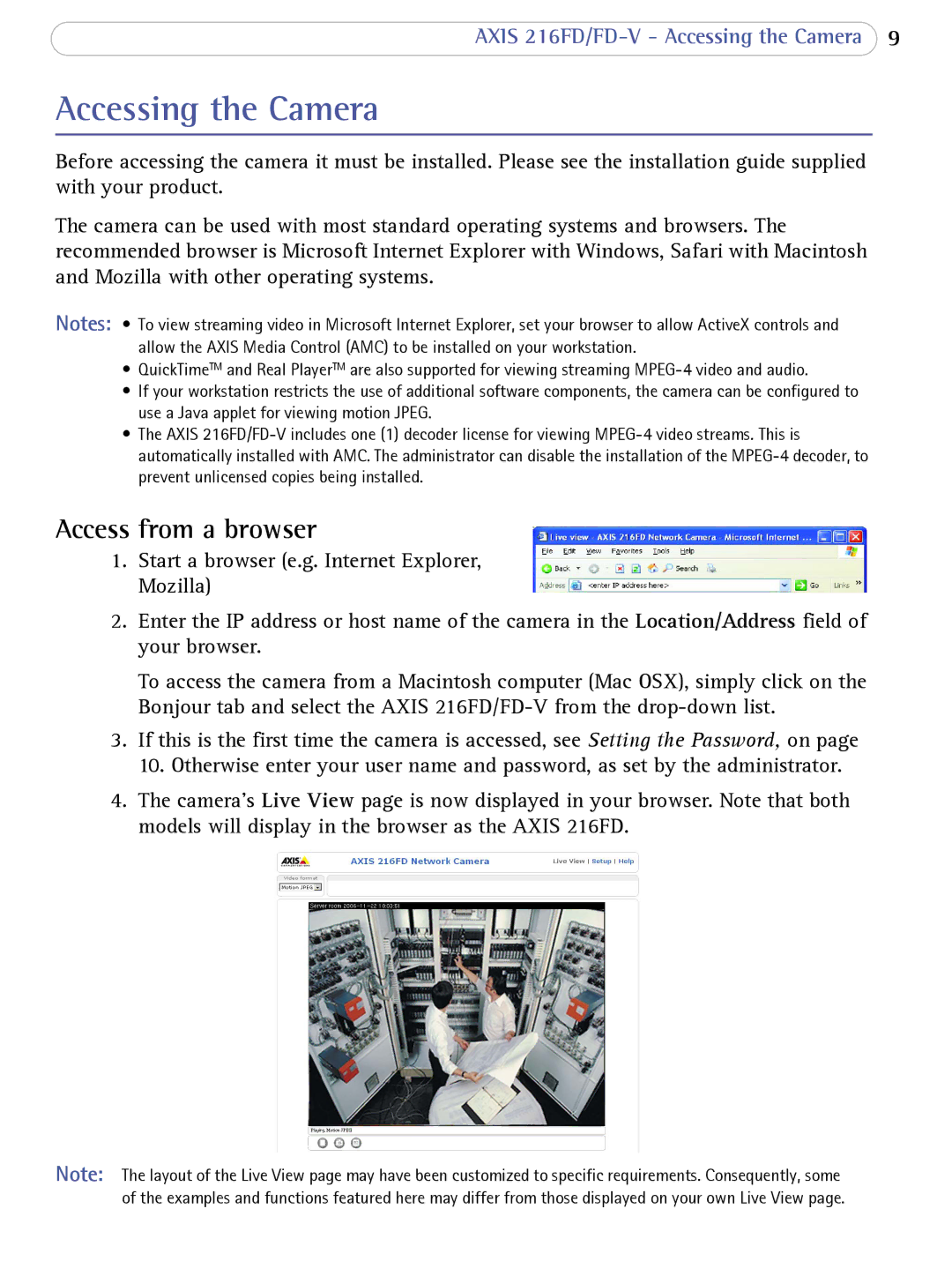 Axis Communications 216FD/FD-V user manual Accessing the Camera, Access from a browser 