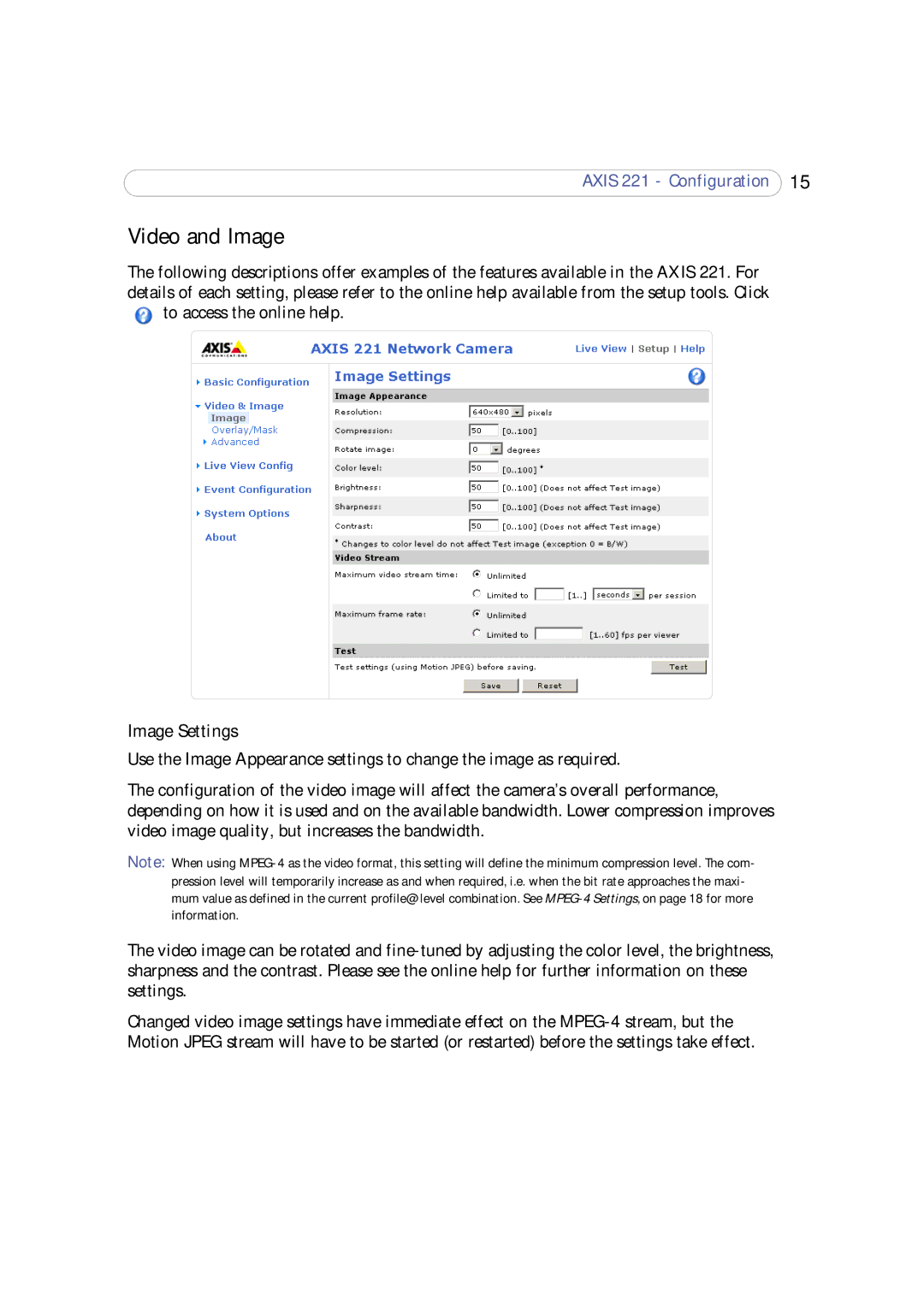 Axis Communications 221 user manual Video and Image, Image Settings 