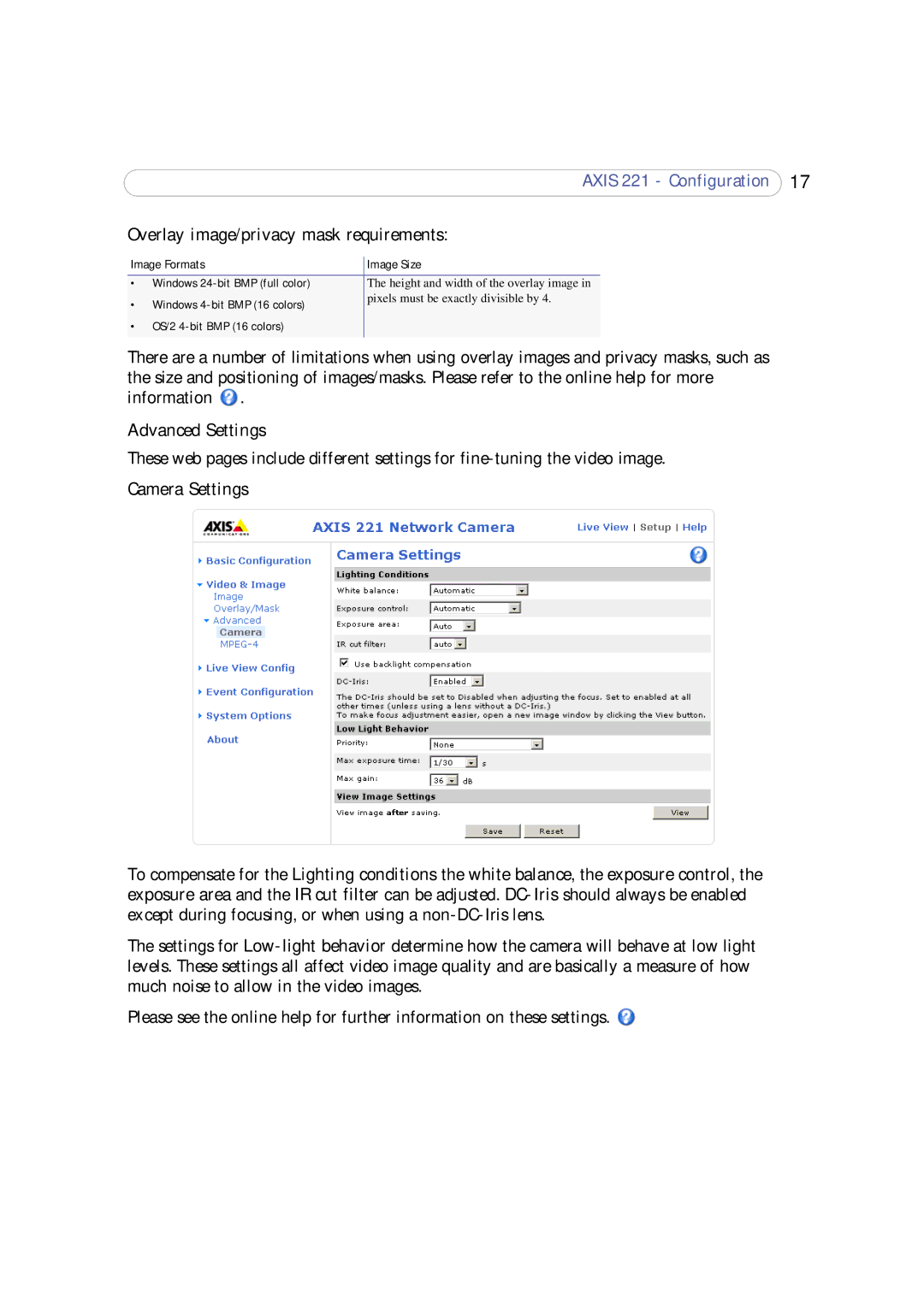 Axis Communications 221 user manual Overlay image/privacy mask requirements, Advanced Settings, Camera Settings 