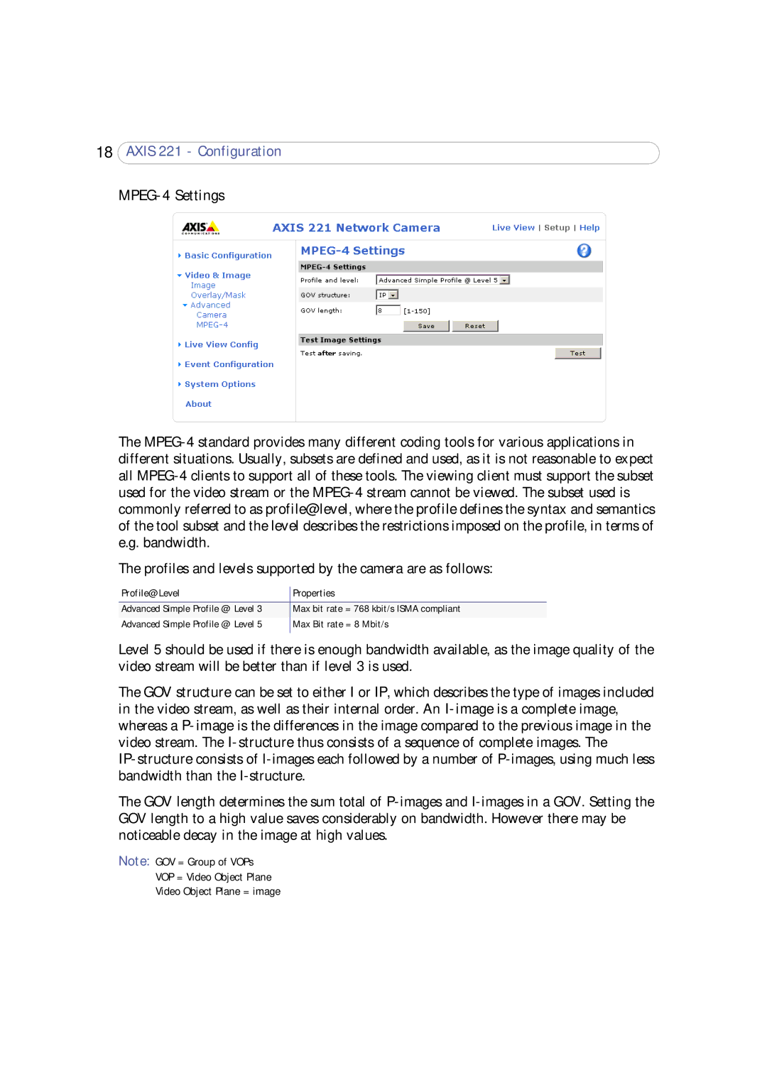 Axis Communications 221 user manual MPEG-4 Settings, Profile@Level Properties 