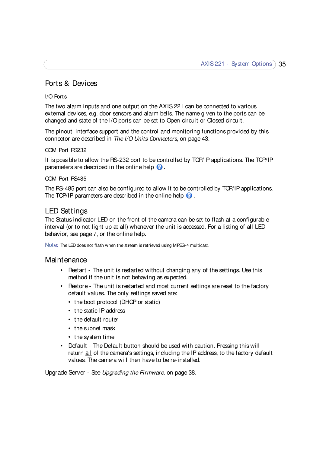 Axis Communications 221 user manual Ports & Devices, LED Settings, Maintenance 