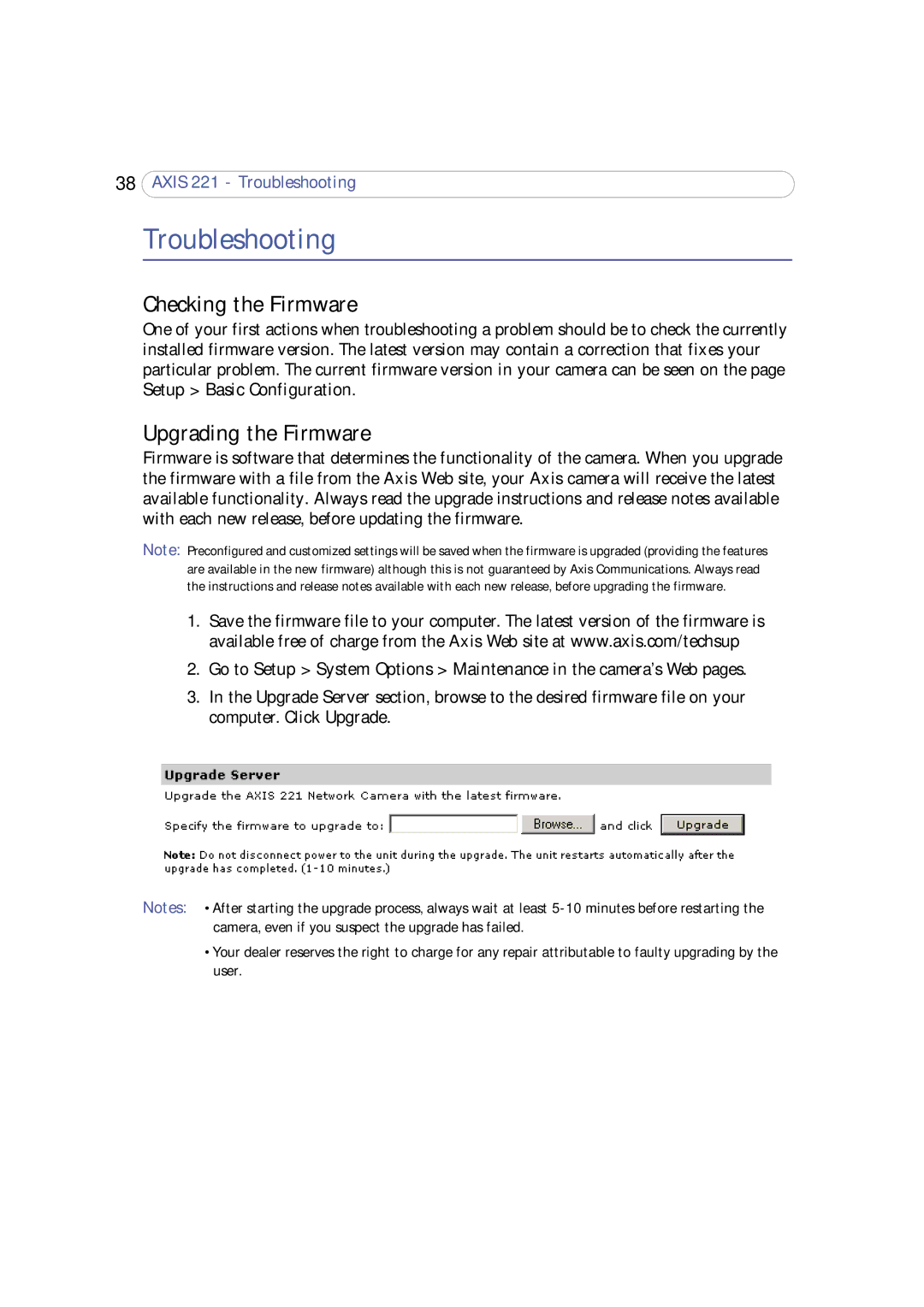 Axis Communications 221 Troubleshooting, Checking the Firmware, Upgrading the Firmware, Setup Basic Configuration 