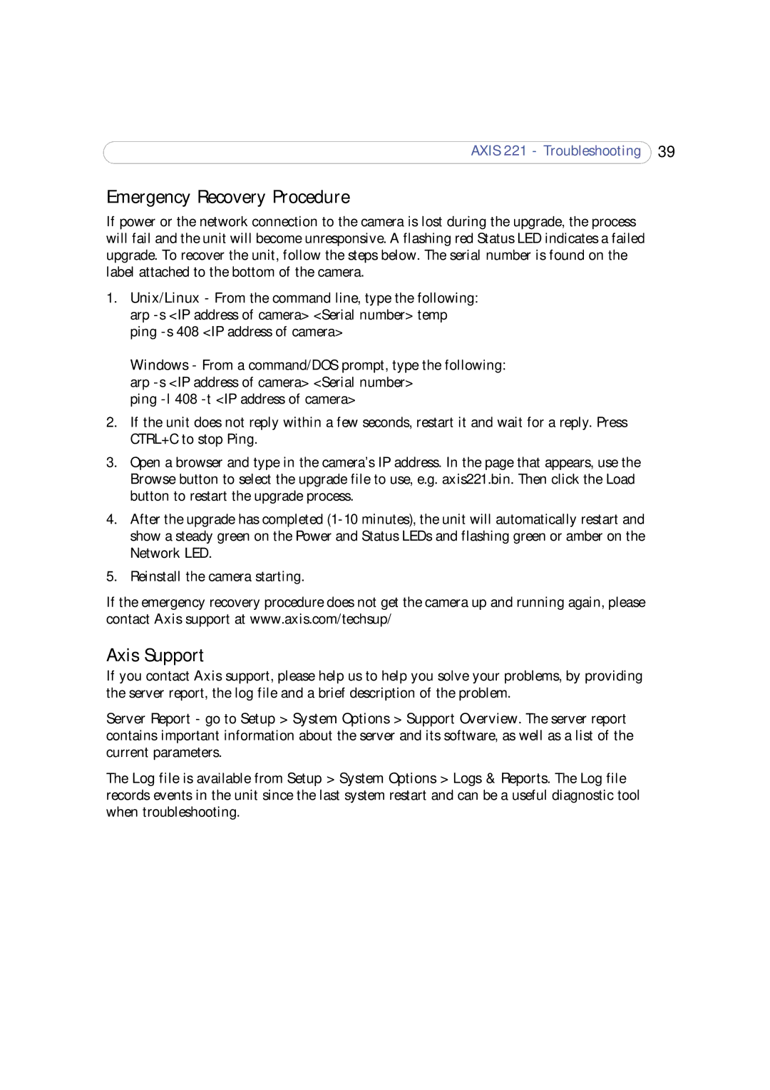 Axis Communications 221 user manual Emergency Recovery Procedure, Axis Support 