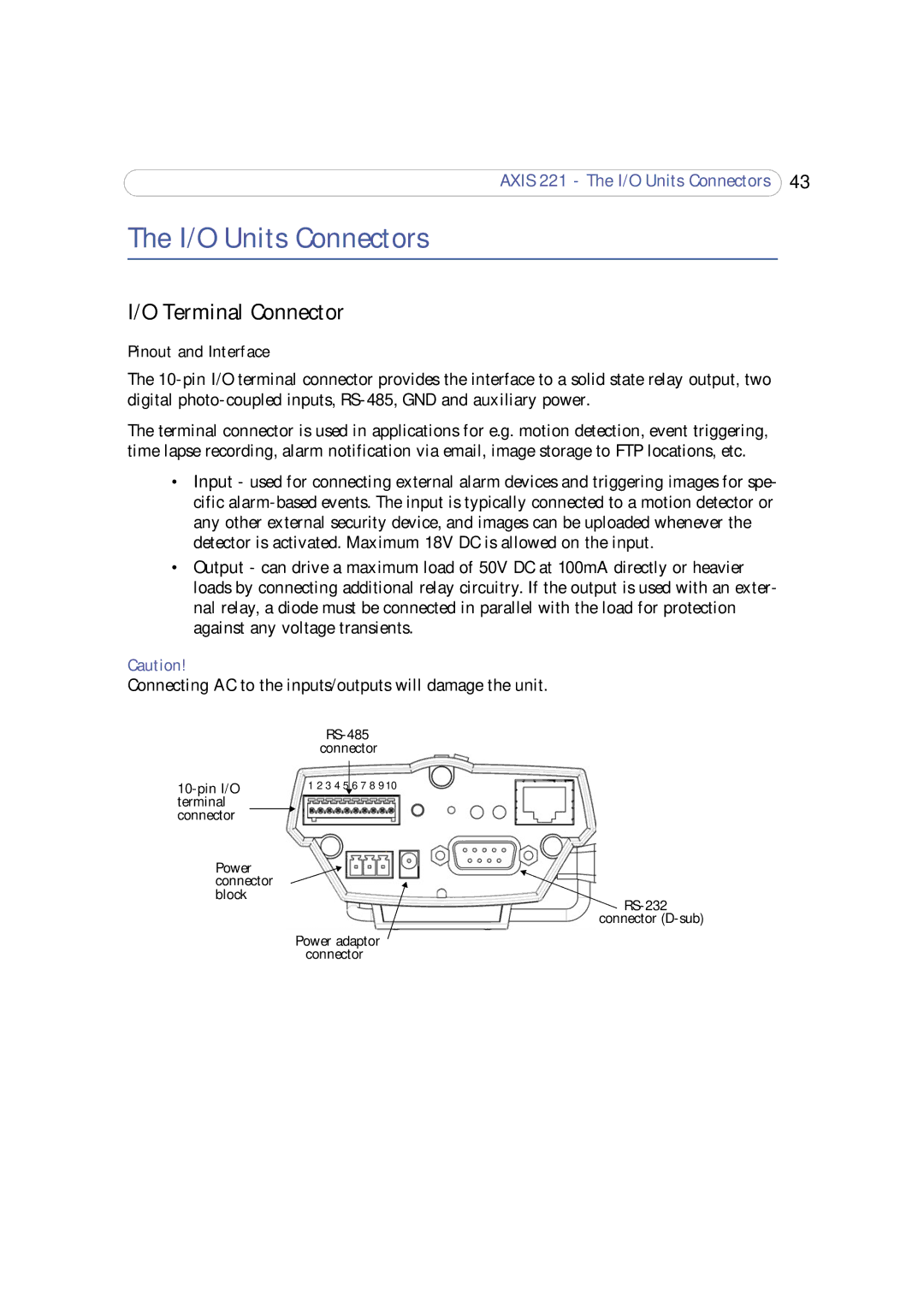 Axis Communications 221 user manual I/O Units Connectors, Terminal Connector, Pinout and Interface 