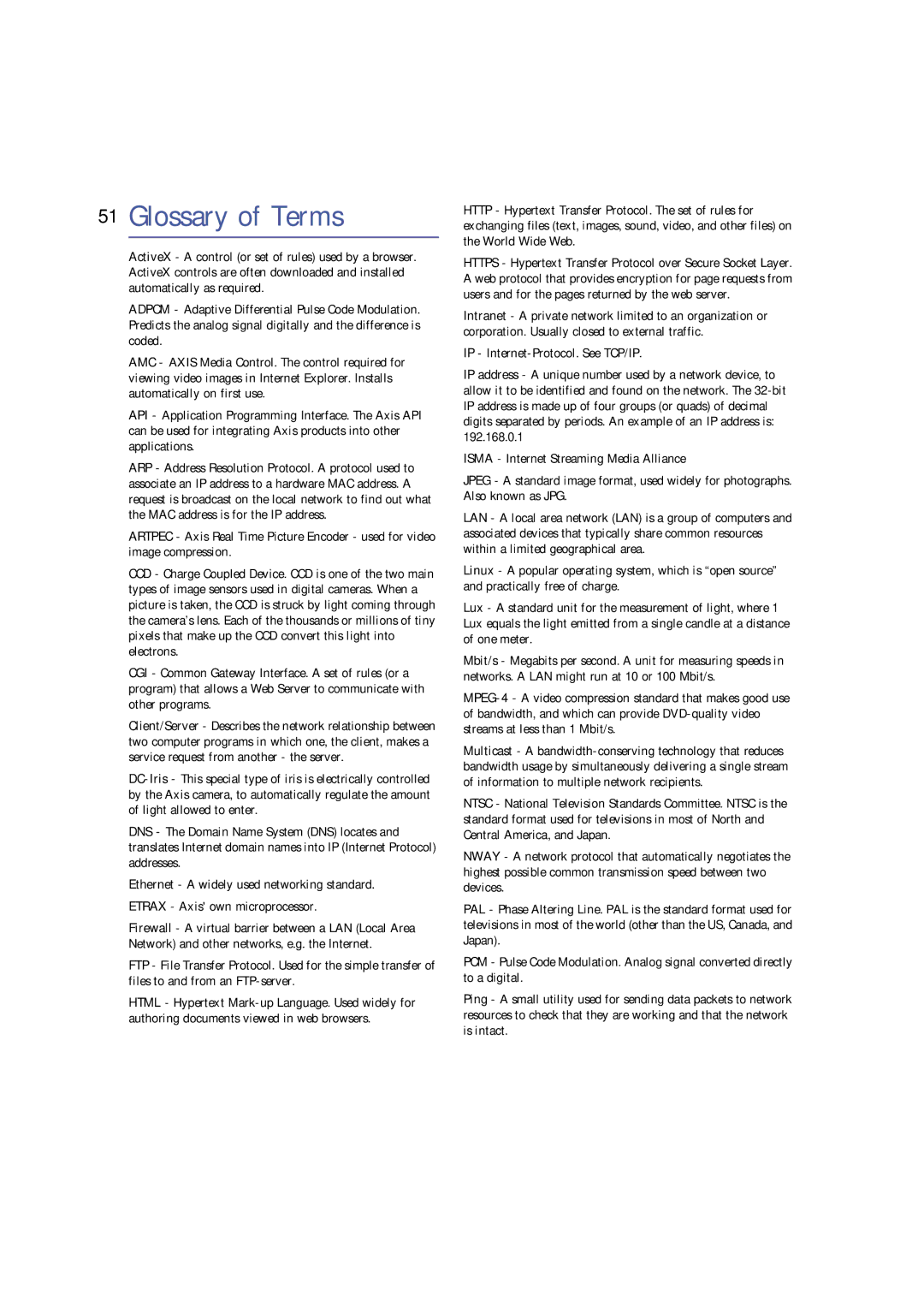 Axis Communications 221 user manual Glossary of Terms 