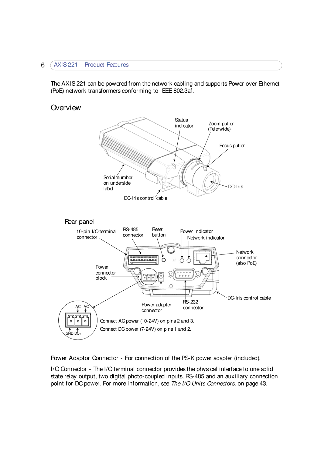 Axis Communications 221 user manual Overview, Rear panel 