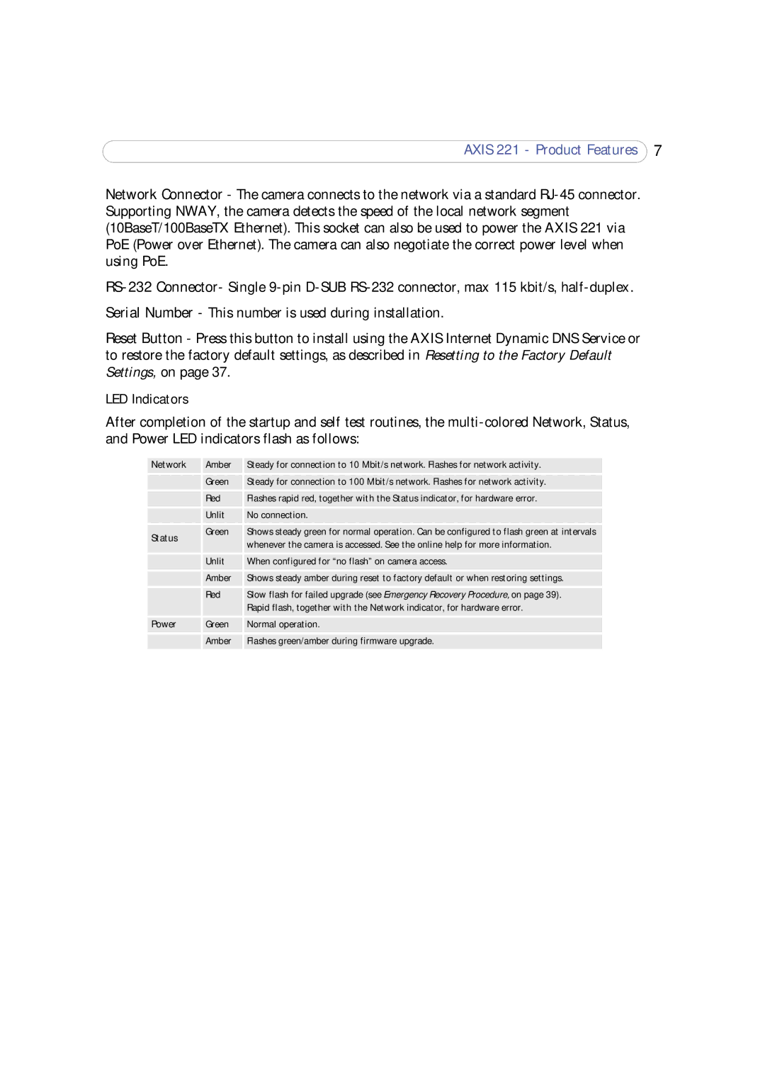 Axis Communications 221 user manual LED Indicators, Network, Status, Power 