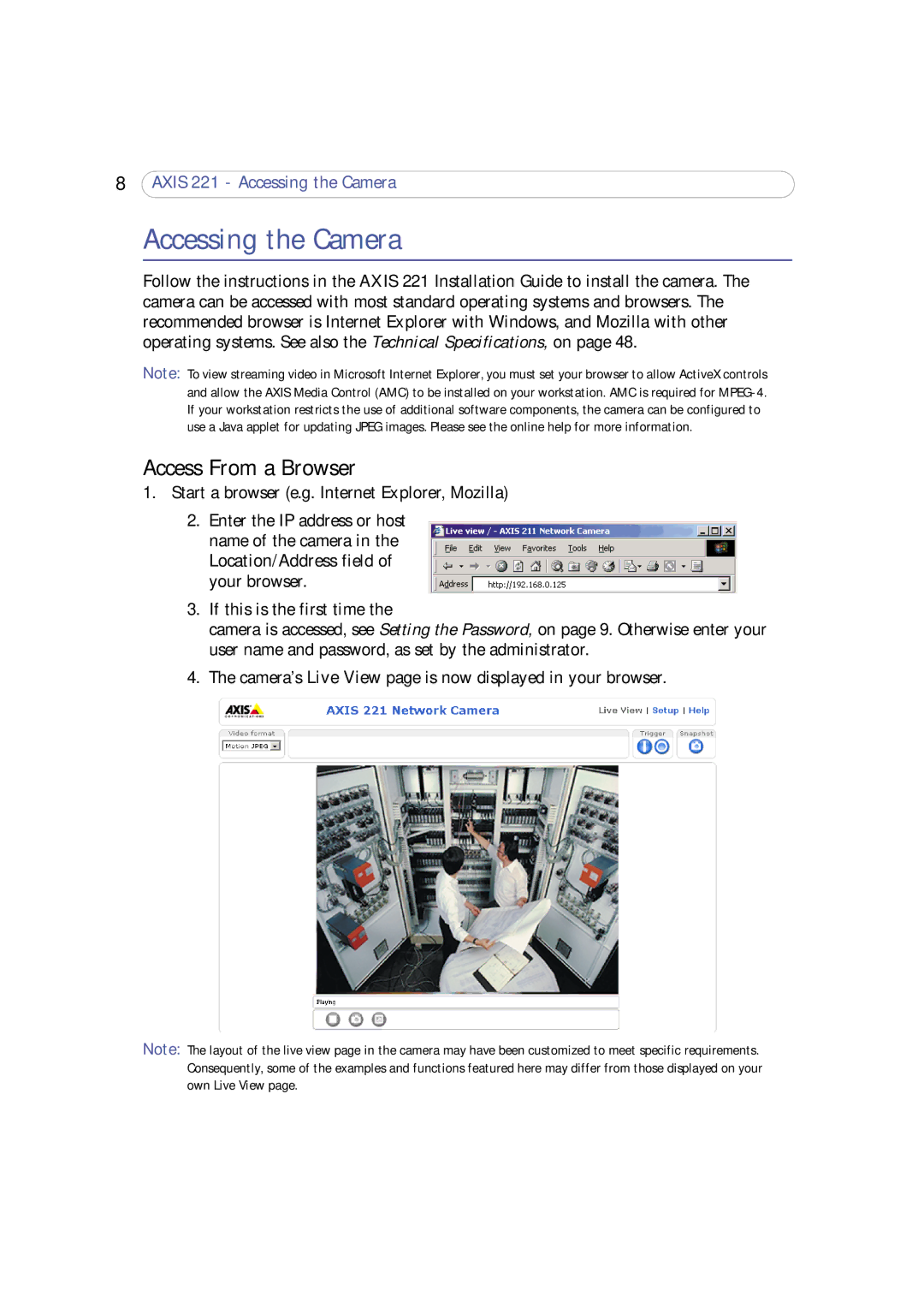 Axis Communications 221 user manual Accessing the Camera, Access From a Browser 