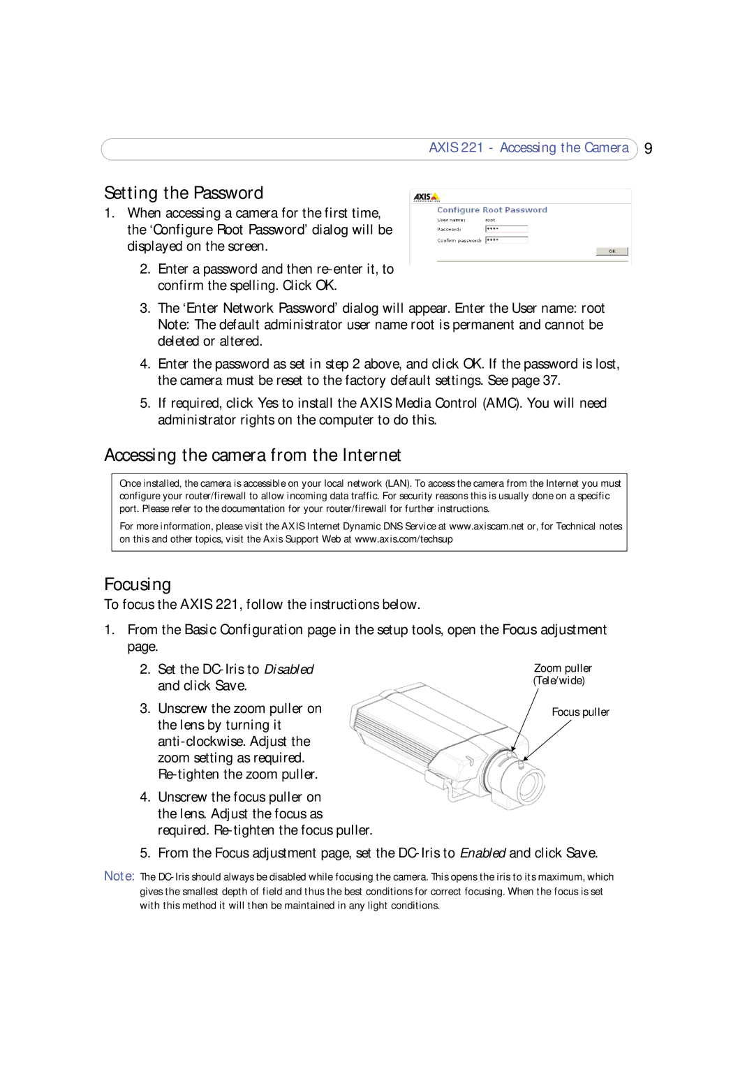 Axis Communications 221 user manual Setting the Password, Accessing the camera from the Internet, Focusing 