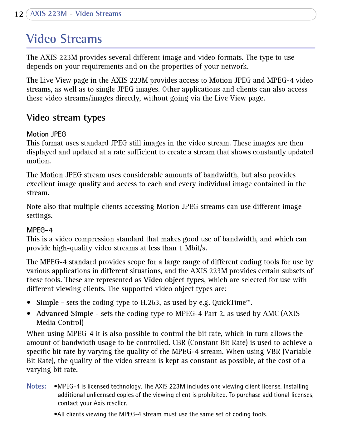 Axis Communications 223M user manual Video Streams, Video stream types, Motion Jpeg 