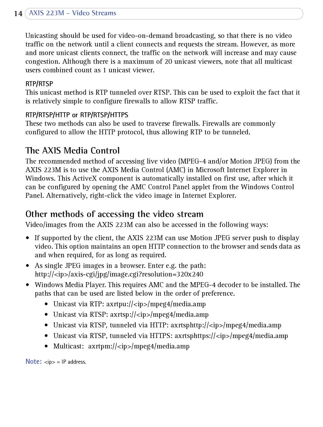 Axis Communications 223M Axis Media Control, Other methods of accessing the video stream, RTP/RTSP/HTTP or RTP/RTSP/HTTPS 